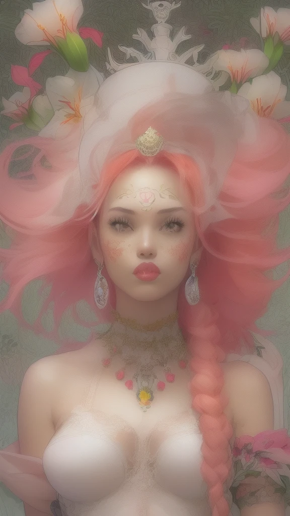 ((Create a picture, a masterpiece), (1 girl - standing at full height, relaxed pose), (Girl with long pink hair, crown, princess, detail), (1 girl, tattoos, glowing tattoos, shiny, white-fluffy 16 +), (pink transparent short dress-clothes)) (sexy, erotic), (cute style, colorful))_((long pink hair, braided), (Best quality ), (intricate details))_((Red and white clothes)), ((clothes)), ((thigh-high stockings)), ((Round eyes)), ((Beautiful face, happy, cute face)), (pin-up, perfect face, portrait on a plain background, postcards, bubblegum))_((tattoos, down clothes:1.2))_((green:1.5, orange:1.1, white:1.3, yellow:1,3), (flowers, leaves, fog, lines, circles, background)) _((stylization; clear line, clear outline, high-quality line drawing))_((simple color palettes), (color fill, Saturation of color, harmony, balance), (rich pastel colors, Pure colors))_((sexy, erotic), (simple), (Necklaces and thin rings made of silver or gold), (bracelets, unusual designs))_(( background), (skulls, Flowers), (abstract), (stunning flowers), (lilies, extremely unusual, long stems - large stems, skulls, Flowers)).