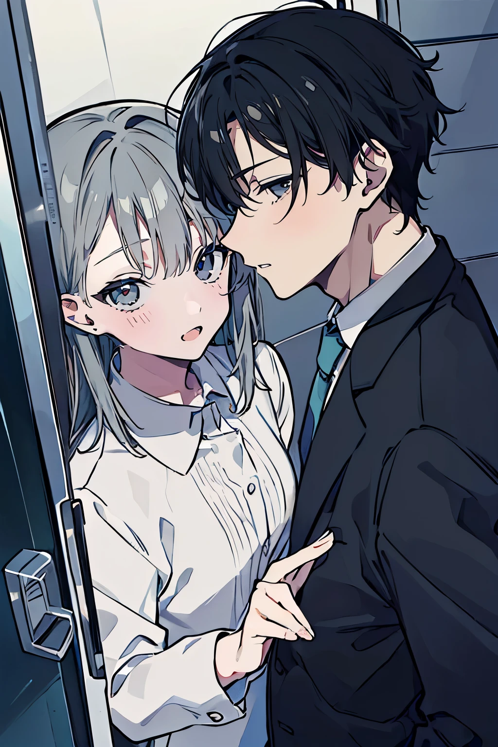 (Mastepiece), (Best Quality), Very detailed, ((Two friendly men)), Perfect Face, Beautiful Face, Very detailed顔,(Black-haired man:1.3),(Grey-haired man:1.3),suit,shirt