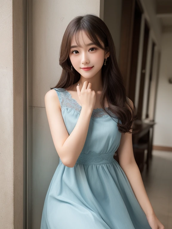 リアルな写真image quality、８ｋimage quality、Arafe woman in a blue dress leaning against a wall, romantic dress, Cute and elegant pose,  In a dress, Cute Dresses, adorable and cute, Feminine girly dress, Sky blue dress,  Cute and adorable, pale, Japanese female fashion model, Sheer light green lace mini dress、Cute Smile、Beautiful Eyeedium long brunette hair、Professional Lighting、Detailed and gentle realistic facial expression、22-year-old fashion model、Idol、Hands, feet and beautiful face