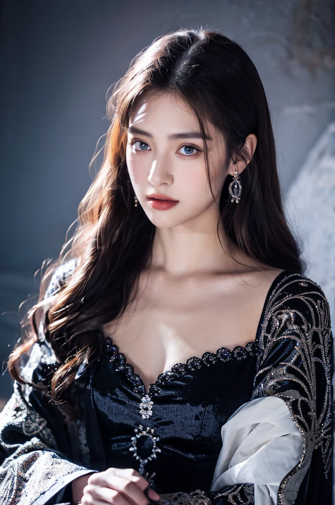 ( masterpiece, top quality, best quality,8k,17 years old girl,ultra detailed,raw photo:1.5),(photorealistic:1.4),(cinematic lighting), PerfectNwsjMajic, , Surrealism, UHD, ccurate, Super detail, textured skin, High detail, Best quality, dynamic angle, (high nose,White skin),[Beautiful blue eyes],[flat chest:large breasts:0.5],(1girl),(good anatomy:0.5)), of a woman in a dress with a sword, a beautiful fantasy empress, ((a beautiful fantasy empress)), beautiful fantasy maiden,snow