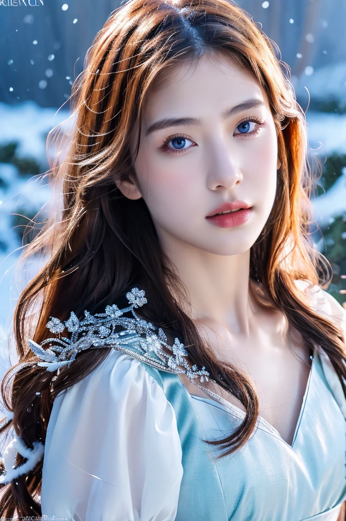 ( masterpiece, top quality, best quality,8k,17 years old girl,ultra detailed,raw photo:1.5),(photorealistic:1.4),(cinematic lighting), PerfectNwsjMajic, , Surrealism, UHD, ccurate, Super detail, textured skin, High detail, Best quality, dynamic angle, (high nose,White skin),[Beautiful blue eyes],[flat chest:large breasts:0.5],(1girl),(good anatomy:0.5)), of a woman in a dress with a sword, a beautiful fantasy empress, ((a beautiful fantasy empress)), beautiful fantasy maiden,snow