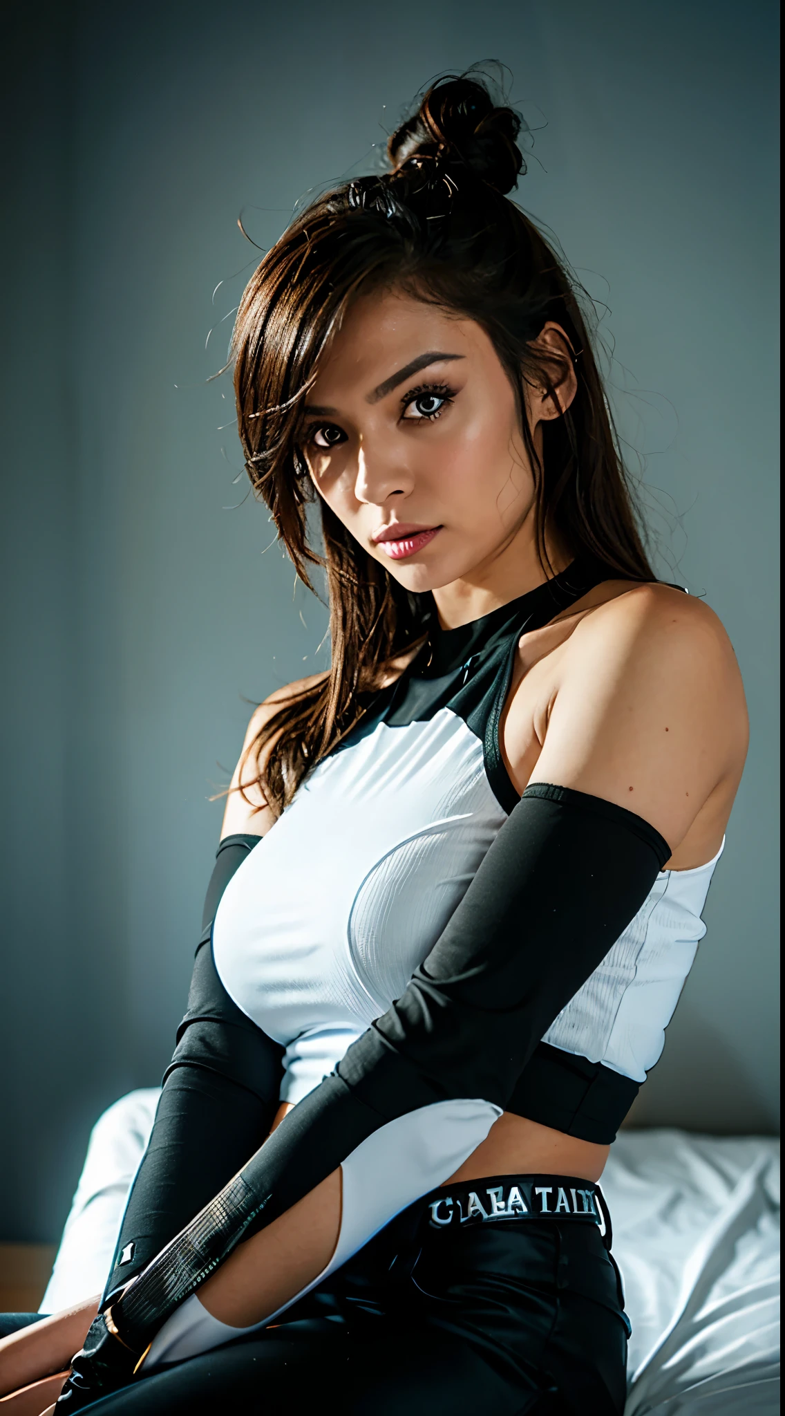 uma mulher, shoulder-length curly hair, cabelo preto, olhos castanhos, pele morena, usando uma jaqueta jeans marrom, com um tope listrado, on a boxer's basis and with bandaged hands