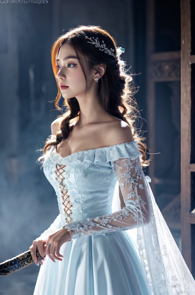 ( masterpiece, top quality, best quality,8k,17 years old girl,ultra detailed,raw photo:1.5),(photorealistic:1.4),(cinematic lighting), PerfectNwsjMajic, , Surrealism, UHD, ccurate, Super detail, textured skin, High detail, Best quality, dynamic angle, (high nose,White skin),[Beautiful blue eyes],[flat chest:large breasts:0.5],(1girl),(good anatomy:0.5)),a woman in a dress with a sword, a beautiful fantasy empress, ((a beautiful fantasy empress)), beautiful fantasy maiden,snow