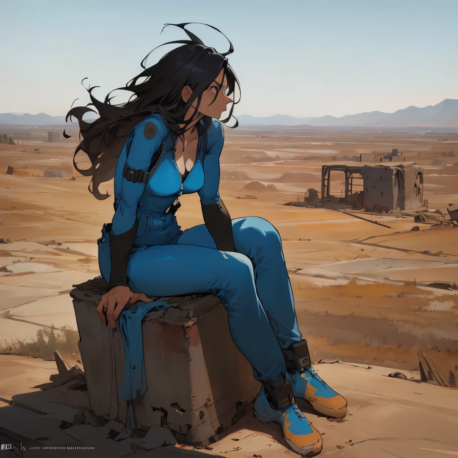 Craft a comic book-style, full-body illustration in HD/4K of a character from the Fallout universe. Depict a woman in her early 30s, seated and taking a rest in the post-apocalyptic wasteland. Her classic blue jumpsuit is partially unzipped, revealing a glimpse of her white sports bra, as she cools off. With meticulous attention to detail, show her hair flowing in the dusty winds as she overlooks the desolate landscape. This scene captures a moment of solitude and contemplation amidst the unforgiving ruins of the wasteland.