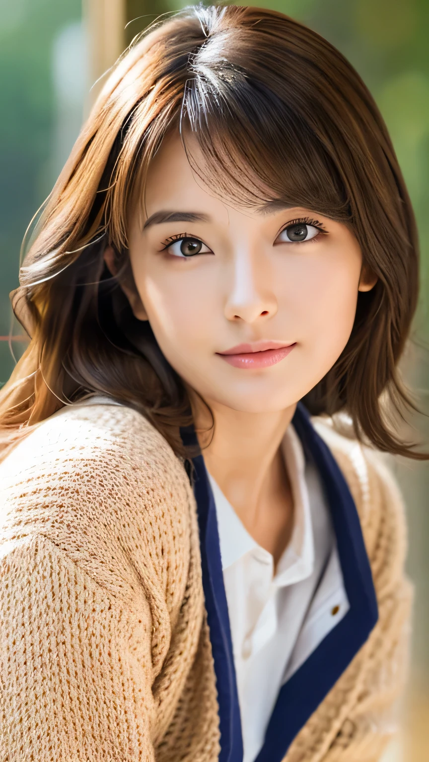 8K, highest quality, masterpiece, Realistic, Photorealistic, Ultra-detailed, Natural light, Highly detailed face and skin, Detailed Eyes, Highly detailed face and skin mid-shot, Beautiful woman looking at the camera, Sexy pose, Beautiful Face, Realistic Face, Detailed face, Beautiful Hairstyles, realistic eyes, Fine grain, Realistic Skin, Fine skin, Beautiful Skin, Charm, Super realistic, Sexy Cardigan, kind, brown hair, Cute Japanese Girl, Full Body