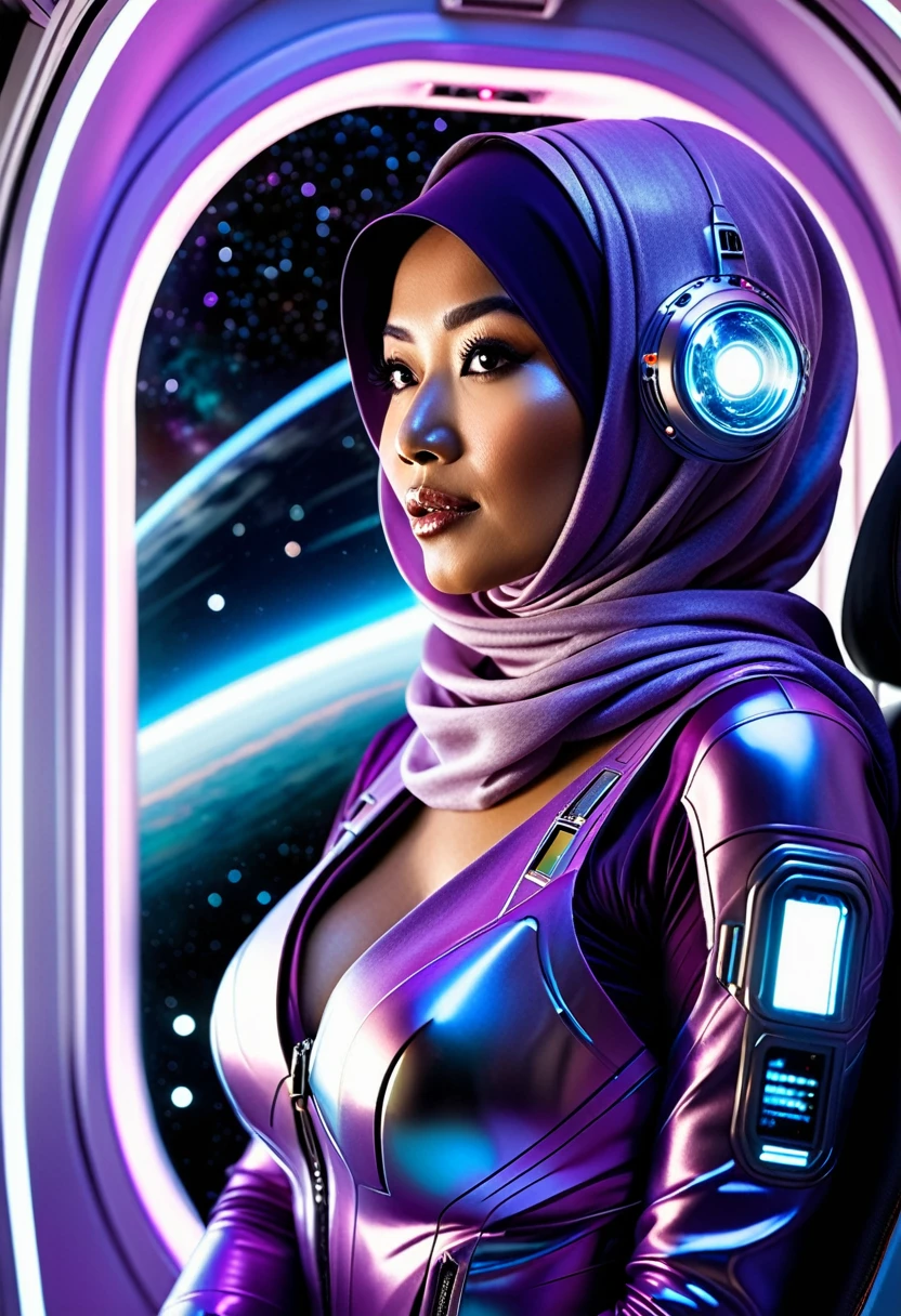 A busty woman, aged 40, from Malaysia, wearing a sexy space micro bikini with a hijab covering her hair, is looking out of a window on her spaceship. The window overlooks a blurred motion of the outside, indicating a high-speed interstellar journey. The woman's confident gaze and the expression on her face suggest a sense of adventure and excitement. The window is surrounded by blinking lights and high-tech gadgets, showcasing the advanced technology and futuristic aesthetic of the spaceship. The lights create a mesmerizing display, illuminating the woman's face and highlighting her intriguing presence. The space suit she wears is sleek and form-fitting, emphasizing her curves and adding to the overall sensuality of the scene. The colors in the artwork are vibrant and dynamic, representing the vastness and beauty of the cosmos. Soft, ethereal blues and purples dominate the color palette, with occasional pops of bright and vivid colors. The lighting inside the spaceship is dim and atmospheric, casting dramatic shadows and enhancing the overall ambiance of the scene. The space ship itself is a marvel of engineering and design, with clean lines and futuristic shapes, seamlessly blending function and aesthetics. Overall, the prompt captures a compelling mix of sensuality and high-tech futurism, creating a visually stunning and captivating scene.