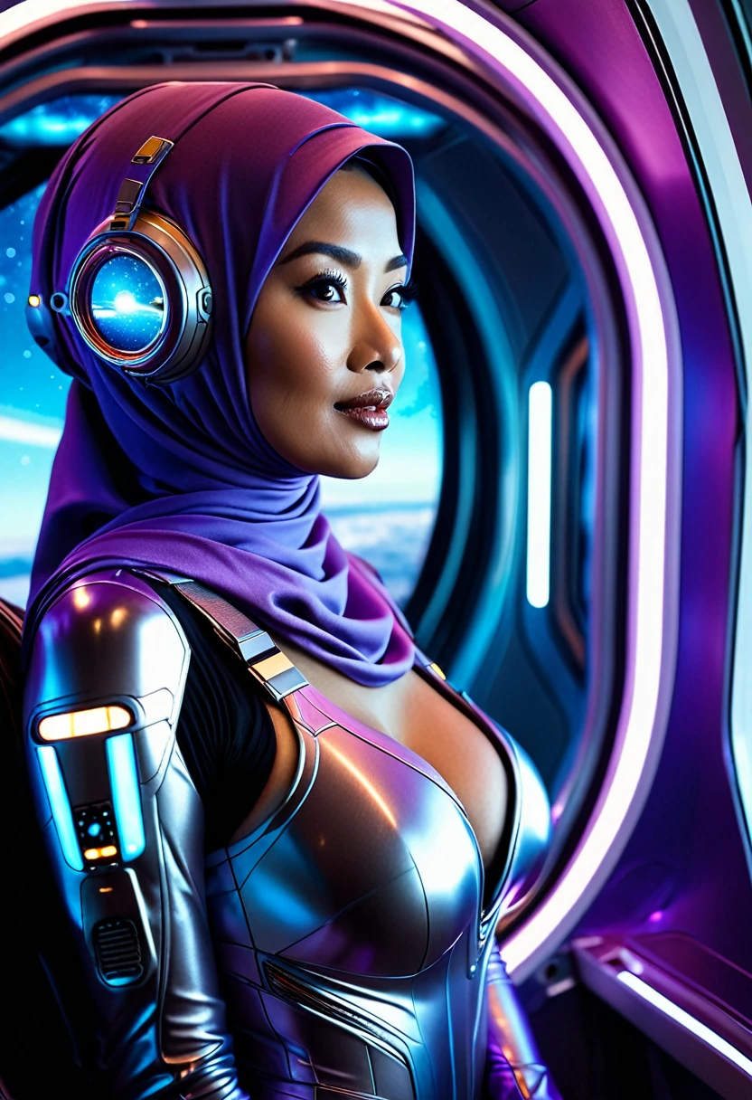 A busty woman, aged 40, from Malaysia, wearing a sexy space micro bikini with a hijab covering her hair, is looking out of a window on her spaceship. The window overlooks a blurred motion of the outside, indicating a high-speed interstellar journey. The woman's confident gaze and the expression on her face suggest a sense of adventure and excitement. The window is surrounded by blinking lights and high-tech gadgets, showcasing the advanced technology and futuristic aesthetic of the spaceship. The lights create a mesmerizing display, illuminating the woman's face and highlighting her intriguing presence. The space suit she wears is sleek and form-fitting, emphasizing her curves and adding to the overall sensuality of the scene. The colors in the artwork are vibrant and dynamic, representing the vastness and beauty of the cosmos. Soft, ethereal blues and purples dominate the color palette, with occasional pops of bright and vivid colors. The lighting inside the spaceship is dim and atmospheric, casting dramatic shadows and enhancing the overall ambiance of the scene. The space ship itself is a marvel of engineering and design, with clean lines and futuristic shapes, seamlessly blending function and aesthetics. Overall, the prompt captures a compelling mix of sensuality and high-tech futurism, creating a visually stunning and captivating scene.