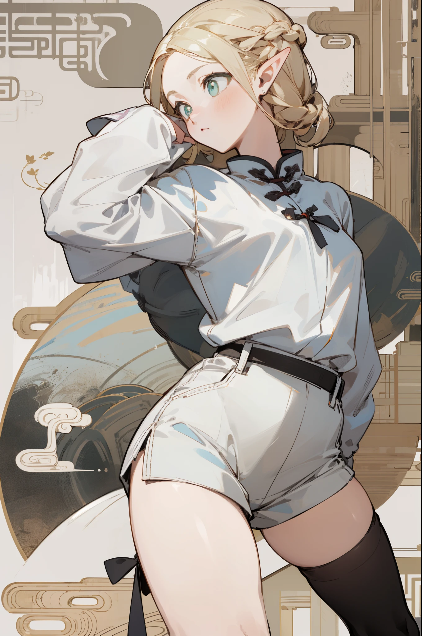 Wearing a bikini、Wearing a hat and a sword,Wearing headphones, (masterpiece, best quality) detailed,silver accessories , Blonde ,elegant, Pointed ears ,Chinese element pattern,Wear a white shirt,Navel exposed,