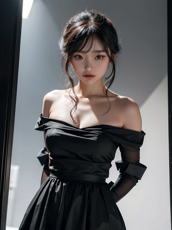8K、Top image quality、masterpiece、25-years old、(1 adult female)、Off-the-shoulder dresses、by the window、Storm outside、thunder、angry expressions、Pretty excited、She holds a knife in the dim light、Glaring at us.、horor、