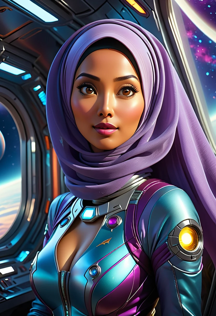 best quality,ultra-detailed,busty Malaysian woman:1.1,energetic,athletic,hijab,huge breasts,small field scientists outfit,investigates a forgotten gateway of time and space,portrait,sharp focus,vivid colors,warm color tone,lens flare,studio lighting