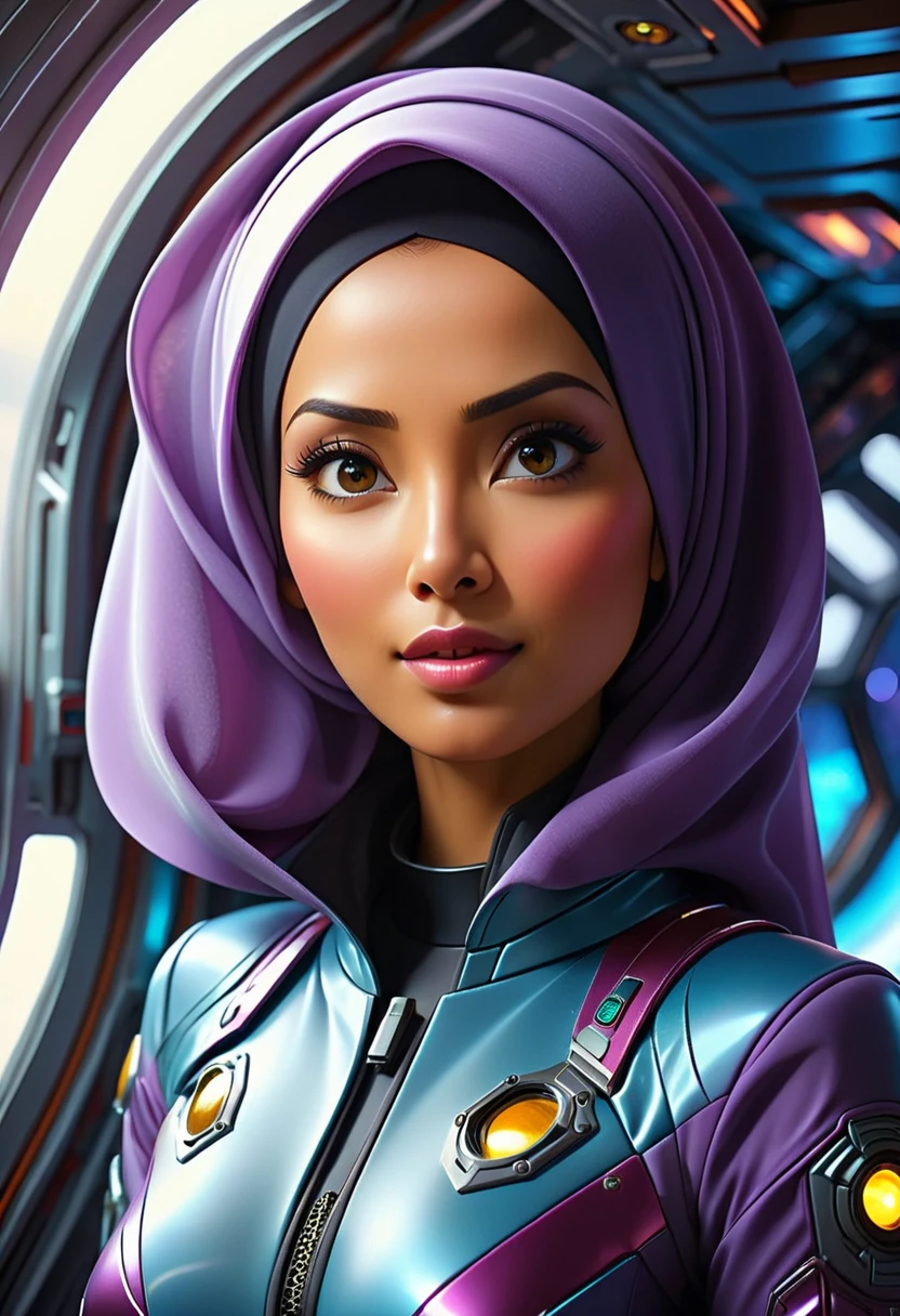 A busty woman, aged 40, from Malaysia, wearing a sexy space micro bikini with a hijab covering her hair, is looking out of a window on her spaceship. The window overlooks a blurred motion of the outside, indicating a high-speed interstellar journey. The woman's confident gaze and the expression on her face suggest a sense of adventure and excitement. The window is surrounded by blinking lights and high-tech gadgets, showcasing the advanced technology and futuristic aesthetic of the spaceship. The lights create a mesmerizing display, illuminating the woman's face and highlighting her intriguing presence. The space suit she wears is sleek and form-fitting, emphasizing her curves and adding to the overall sensuality of the scene. The colors in the artwork are vibrant and dynamic, representing the vastness and beauty of the cosmos. Soft, ethereal blues and purples dominate the color palette, with occasional pops of bright and vivid colors. The lighting inside the spaceship is dim and atmospheric, casting dramatic shadows and enhancing the overall ambiance of the scene. The space ship itself is a marvel of engineering and design, with clean lines and futuristic shapes, seamlessly blending function and aesthetics. Overall, the prompt captures a compelling mix of sensuality and high-tech futurism, creating a visually stunning and captivating scene.