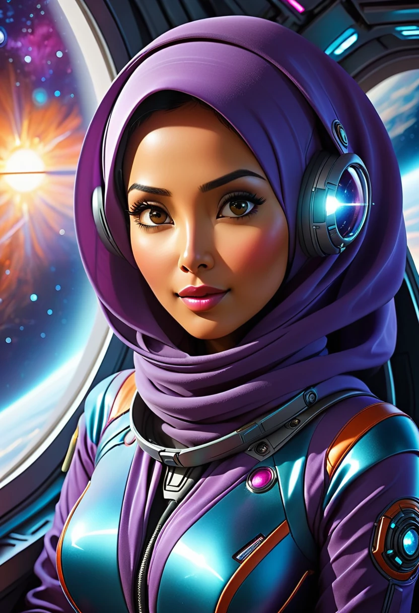 A busty woman, aged 40, from Malaysia, wearing a sexy space micro bikini with a hijab covering her hair, is looking out of a window on her spaceship. The window overlooks a blurred motion of the outside, indicating a high-speed interstellar journey. The woman's confident gaze and the expression on her face suggest a sense of adventure and excitement. The window is surrounded by blinking lights and high-tech gadgets, showcasing the advanced technology and futuristic aesthetic of the spaceship. The lights create a mesmerizing display, illuminating the woman's face and highlighting her intriguing presence. The space suit she wears is sleek and form-fitting, emphasizing her curves and adding to the overall sensuality of the scene. The colors in the artwork are vibrant and dynamic, representing the vastness and beauty of the cosmos. Soft, ethereal blues and purples dominate the color palette, with occasional pops of bright and vivid colors. The lighting inside the spaceship is dim and atmospheric, casting dramatic shadows and enhancing the overall ambiance of the scene. The space ship itself is a marvel of engineering and design, with clean lines and futuristic shapes, seamlessly blending function and aesthetics. Overall, the prompt captures a compelling mix of sensuality and high-tech futurism, creating a visually stunning and captivating scene.
