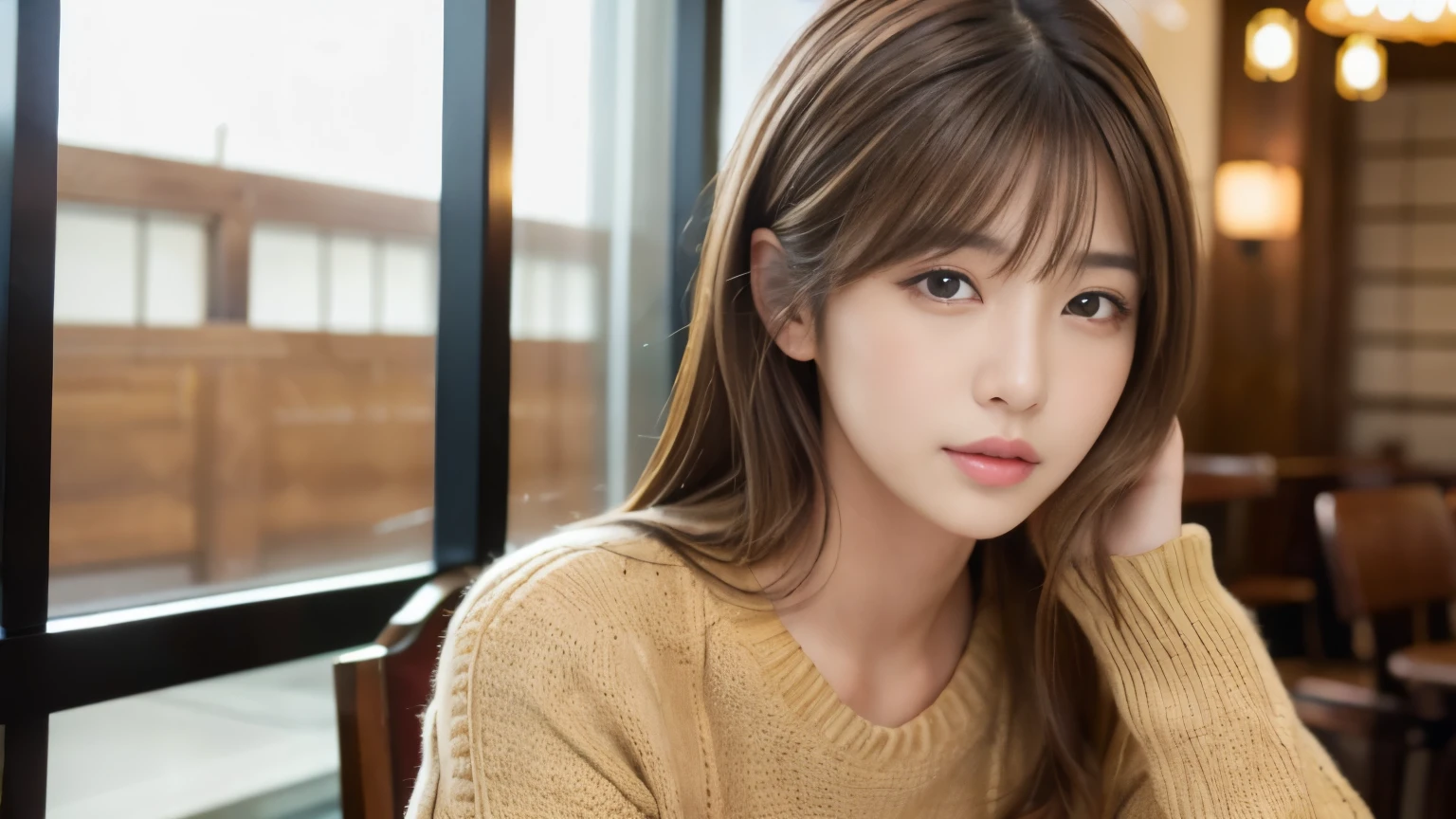 (masterpiece:1.3)、(8k、Photorealistic、Raw photo、highest quality: 1.4)、(1 Japanese girl)、Beautiful Face、(A vivid face)、(brown hair:1.5)、(Medium Hair)、Beautiful hairstyle、(One eye is hidden by bangs:1.5)、Realistic brown eyes、Beautiful details、(real skin)、Beautiful skins、(Black sweater)、Absurd、attractive、Embarrassing、High resolution、Surreal、High Detail、Golden Ratio、Photographed inside the cafe、Gravure photoshoot in a cafe、neat clothes