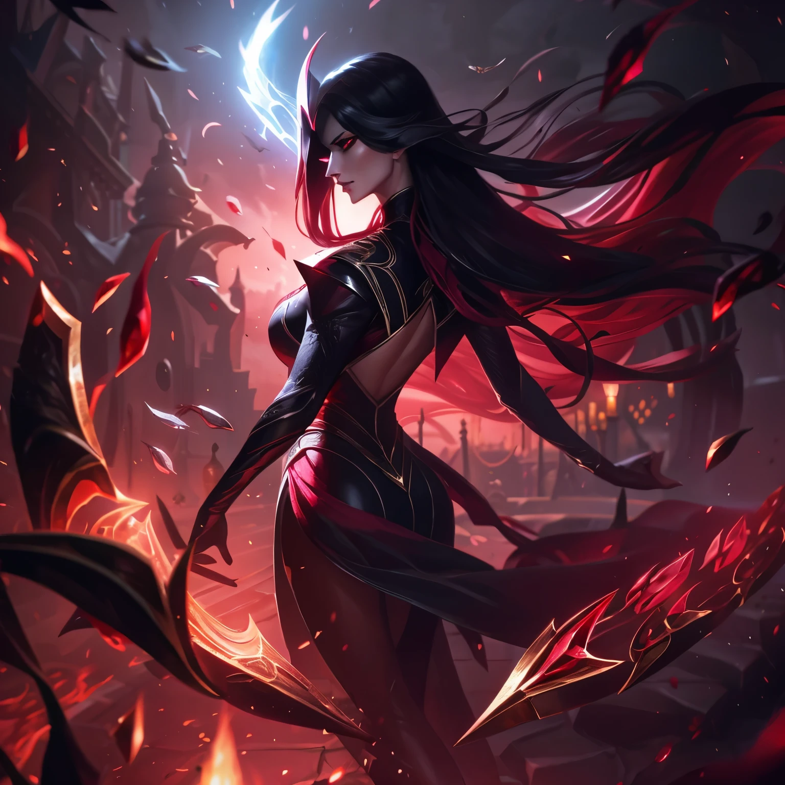 White puff sleeve shirt,(black magic:1.2), League of Legends สแปลชอาร์ต, devil,(madness:1.2),black crystal,half face mask,fight,back view,pomegranate,Europe,Middle Ages,gold,white magic,joy,luxurious,diamond,flower,thunder,mirror,mirrorเเตก,desert place,Lace pattern,(scorpion:1.2),(devilหุ่นไล่กา:1.0), diana league of Legends ,(swain:1.2),pantomime,Moth,glowing crystal flakes,shirt blouse victorian,red light,Sharp nails,holding a sword,reflection,Middle parted hair,crow,long black hair,Black smoke,Katana,jump,run,candle walkway,Flame,coven,morgana,rose