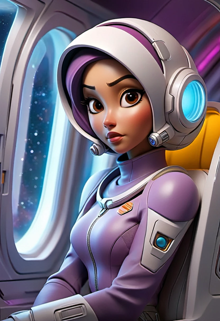 A busty woman, aged 40, from Malaysia, wearing a sexy space micro bikini with a hijab covering her hair, is looking out of a window on her spaceship. The window overlooks a blurred motion of the outside, indicating a high-speed interstellar journey. The woman's confident gaze and the expression on her face suggest a sense of adventure and excitement. The window is surrounded by blinking lights and high-tech gadgets, showcasing the advanced technology and futuristic aesthetic of the spaceship. The lights create a mesmerizing display, illuminating the woman's face and highlighting her intriguing presence. The space suit she wears is sleek and form-fitting, emphasizing her curves and adding to the overall sensuality of the scene. The colors in the artwork are vibrant and dynamic, representing the vastness and beauty of the cosmos. Soft, ethereal blues and purples dominate the color palette, with occasional pops of bright and vivid colors. The lighting inside the spaceship is dim and atmospheric, casting dramatic shadows and enhancing the overall ambiance of the scene. The space ship itself is a marvel of engineering and design, with clean lines and futuristic shapes, seamlessly blending function and aesthetics. Overall, the prompt captures a compelling mix of sensuality and high-tech futurism, creating a visually stunning and captivating scene.