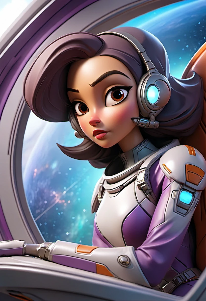 A busty woman, aged 40, from Malaysia, wearing a sexy space micro bikini with a hijab covering her hair, is looking out of a window on her spaceship. The window overlooks a blurred motion of the outside, indicating a high-speed interstellar journey. The woman's confident gaze and the expression on her face suggest a sense of adventure and excitement. The window is surrounded by blinking lights and high-tech gadgets, showcasing the advanced technology and futuristic aesthetic of the spaceship. The lights create a mesmerizing display, illuminating the woman's face and highlighting her intriguing presence. The space suit she wears is sleek and form-fitting, emphasizing her curves and adding to the overall sensuality of the scene. The colors in the artwork are vibrant and dynamic, representing the vastness and beauty of the cosmos. Soft, ethereal blues and purples dominate the color palette, with occasional pops of bright and vivid colors. The lighting inside the spaceship is dim and atmospheric, casting dramatic shadows and enhancing the overall ambiance of the scene. The space ship itself is a marvel of engineering and design, with clean lines and futuristic shapes, seamlessly blending function and aesthetics. Overall, the prompt captures a compelling mix of sensuality and high-tech futurism, creating a visually stunning and captivating scene.