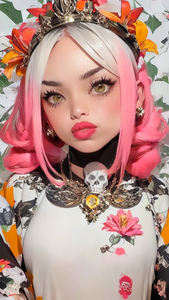 ((Create a picture, a masterpiece), (1 girl - standing at full height, relaxed pose), (Girl with long pink hair, crown, princess, detail), (1 girl, tattoos, glowing tattoos, shiny, white-fluffy 16 +), (pink transparent short dress-clothes)) (sexy, erotic), (cute style, colorful))_((long pink hair, braided), (Best quality ), (intricate details))_((Red and white clothes)), ((clothes)), ((thigh-high stockings)), ((Round eyes)), ((Beautiful face, happy, cute face)), (pin-up, perfect face, portrait on a plain background, postcards, bubblegum))_((tattoos, down clothes:1.2))_((green:1.5, orange:1.1, white:1.3, yellow:1,3), (flowers, leaves, fog, lines, circles, background)) _((stylization; clear line, clear outline, high-quality line drawing))_((simple color palettes), (color fill, Saturation of color, harmony, balance), (rich pastel colors, Pure colors))_((sexy, erotic), (simple), (Necklaces and thin rings made of silver or gold), (bracelets, unusual designs))_(( background), (skulls, Flowers), (abstract), (stunning flowers), (lilies, extremely unusual, long stems - large stems, skulls, Flowers)).