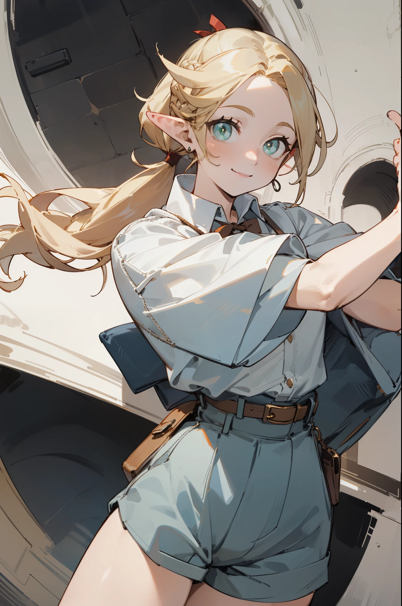 (masterpiece, best quality) detailed,silver accessories , Blonde ,elegant, Pointed ears ，White shirt，shorts，Double ponytails，Waist-length hair，Smile，