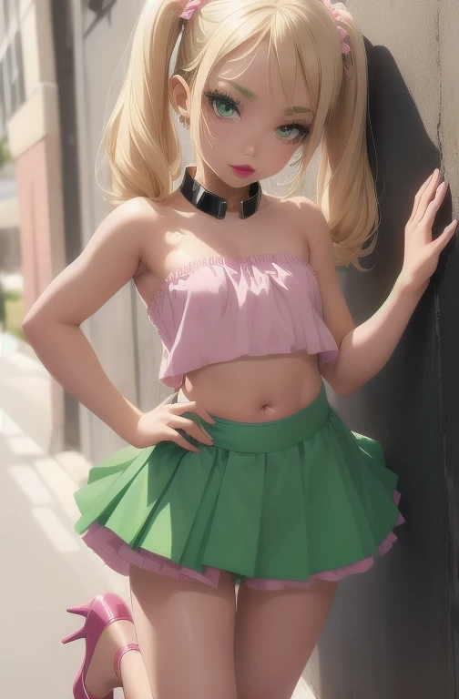 1girl,solo,(shiny clothes),(pink strapless),tight dress, midriff,pencil skirt,highleg,green skirt, twintails, (li:1.8),eyelashes, (makeup:1.4),(lipstick:1.4), (night:1.3), flat chest, pink eyes, blonde hair, smirk, alley,against wall, partially visible vulva, navel, legs apart, cleft of venus,shoulder bag, high heels, animal collar, facing viewer,