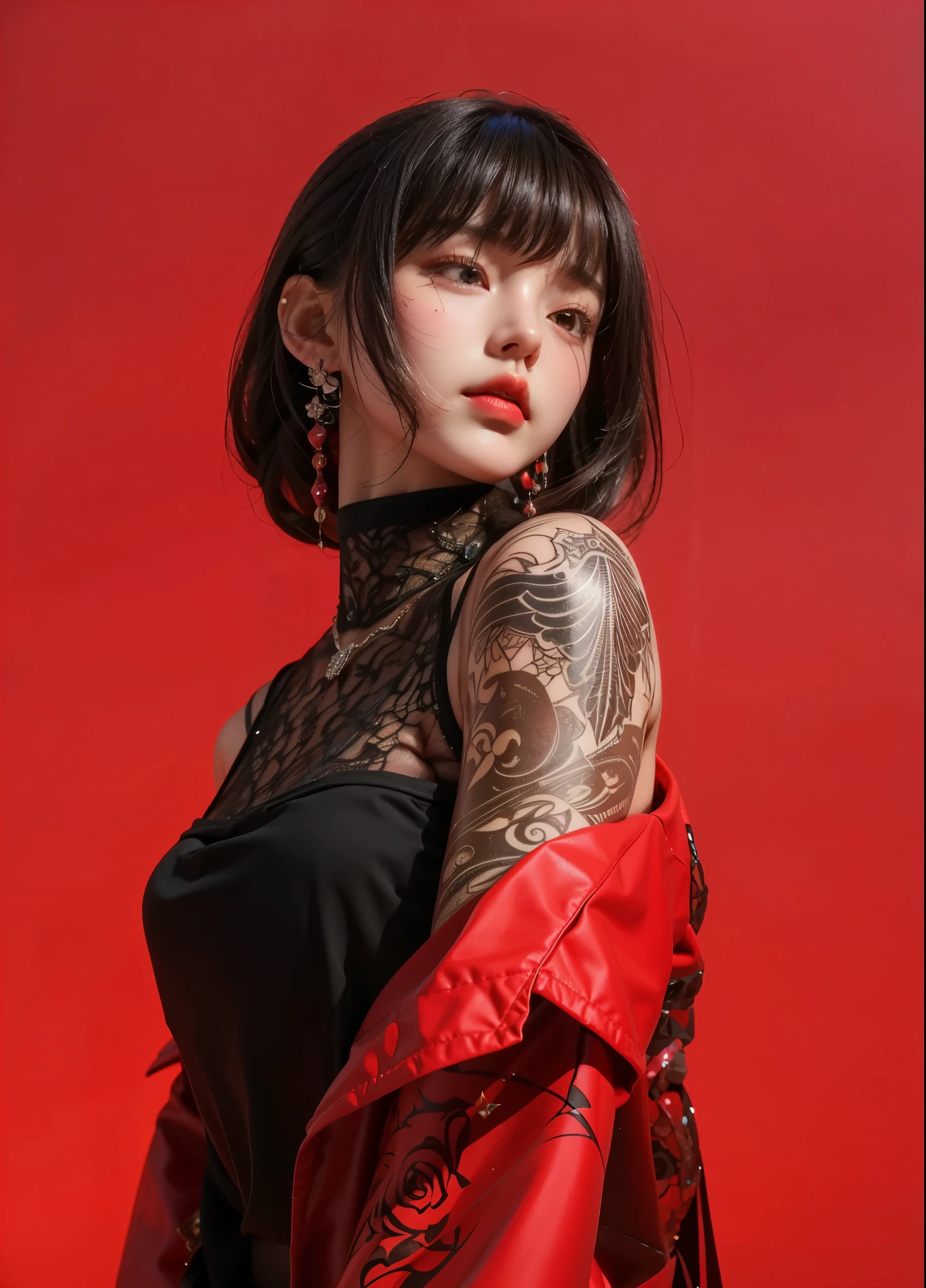 Game Art，Best image quality，Maximum resolution，8k，(A half-length photo)，(portrait)，(Head close-up)，(Rule of Thirds)，Unreal Engine 5 rendering works，20 year old girl，((Queen))，The eyes are very detailed，(Large Breasts)，Elegance and nobility，Movie Lighting，Ray Tracing，Game CG，((3D Unreal Engine))，OC rendering reflection pattern，4K，Ultra-clear，Translucent lace，Fair and plump figure，Pretty Face，Glossy Gel Coat，身着华贵礼服的Queen，Necklace jewelry，Intricate tattoo designs，The tattoo is very delicate，