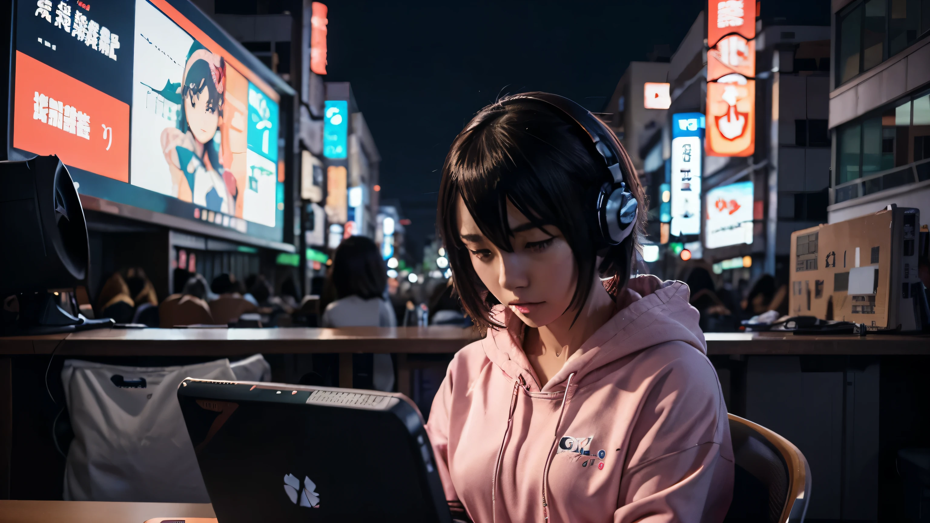 girl sitting at a desk with a laptop and headphones, digital anime illustration, anime styled digital art, anime style digital art, anime style illustration, digital anime art, japanese anime artist drawn, makoto shinkai. Girl has on baggy hoody. Its night outside. digital render, anime digital art, advanced anime digital art, tokyo anime scene, calm night. digital illustration, anime style 4 k, digital concept art illustration