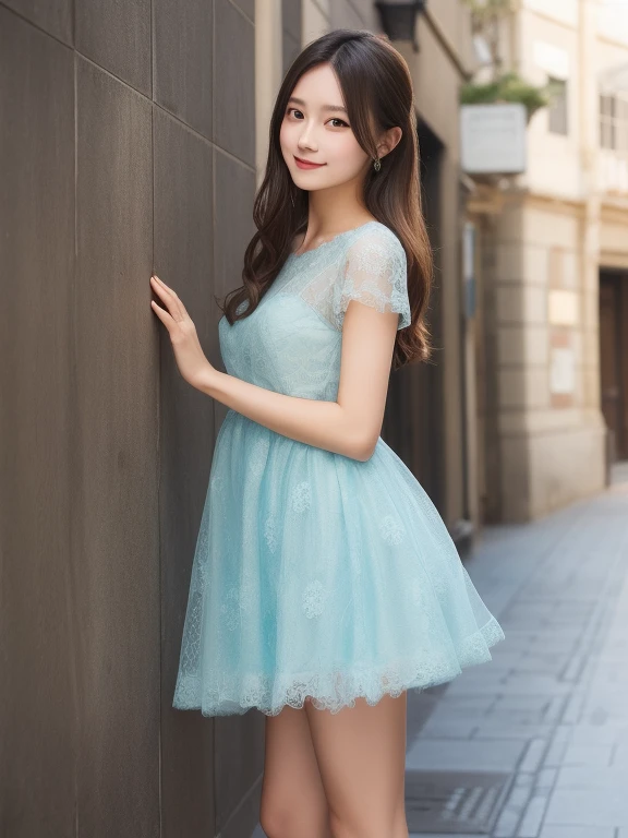 リアルな写真image quality、8kimage quality、Arafe woman in a blue dress leaning against a wall, romantic dress, Cute and elegant pose, In a dress, Cute Dresses, adorable and cute, Feminine girly dress, Sky blue dress, Cute and adorable, pale, Japanese female fashion model, Sheer light green lace mini dress、Cute Smile、Beautiful Eyeedium long brunette hair、Professional Lighting、Detailed and gentle realistic facial expression、22-year-old fashion model、Idol、Hands, feet and beautiful face