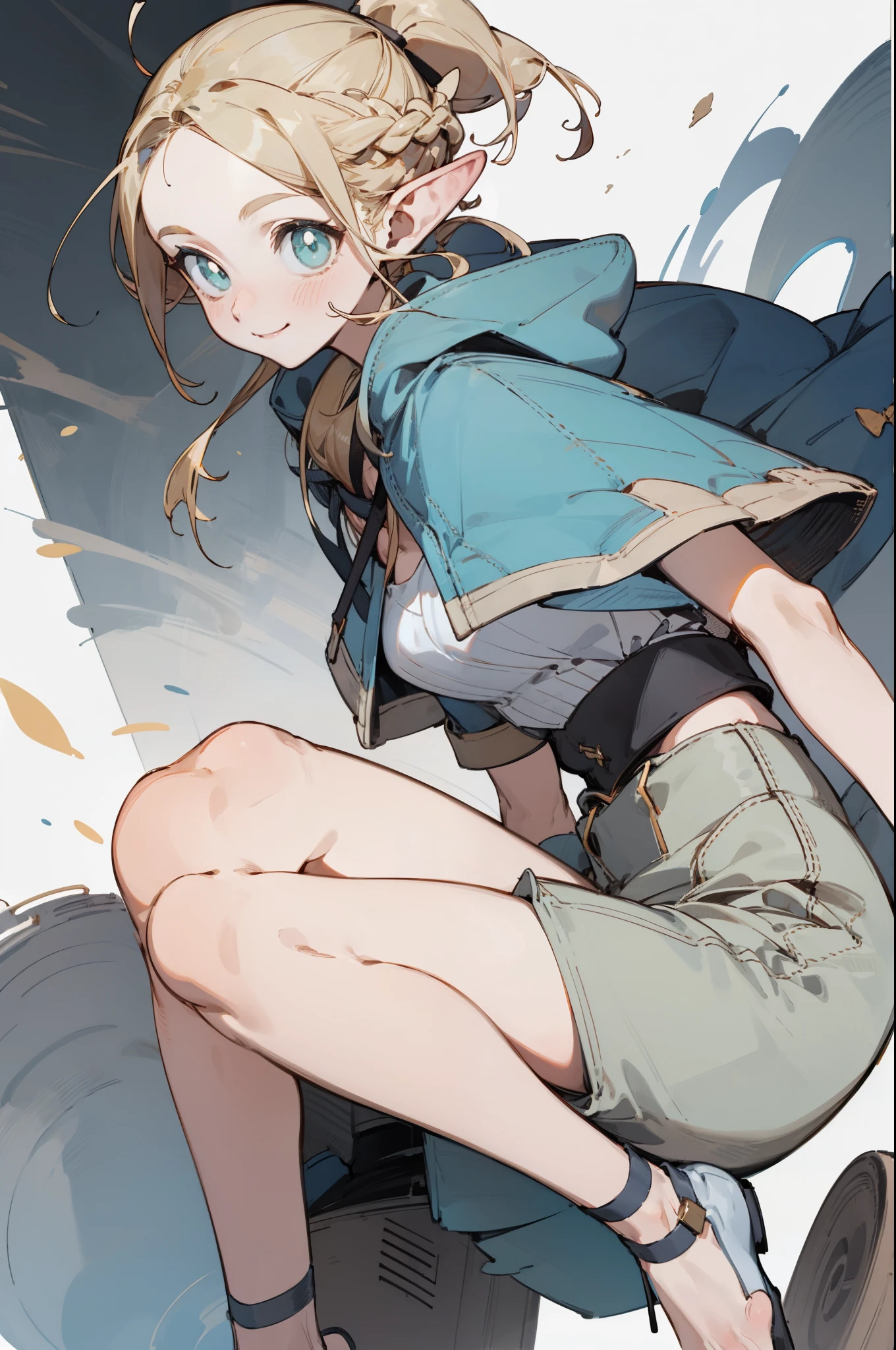 (masterpiece, best quality) detailed,silver accessories , Blonde ,elegant, Pointed ears ，White shirt，shorts，Double ponytails，Waist-length hair，Smile，