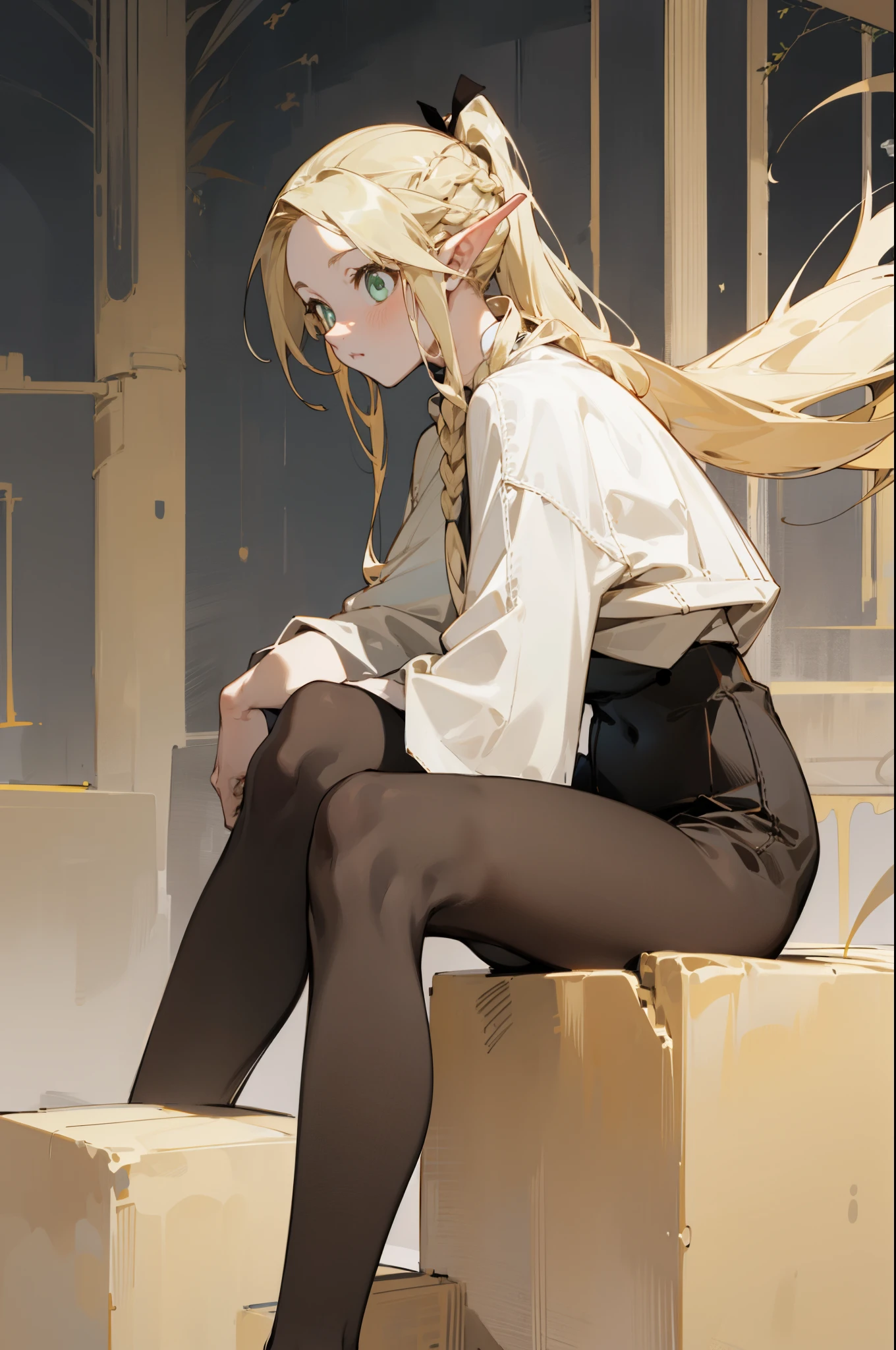 pantyhose， Popular colors，（whole body，Blonde）long Blonde hair，single ponytail，High Ponytail， bust and waist,White top，High heel，whole body，Sitting
