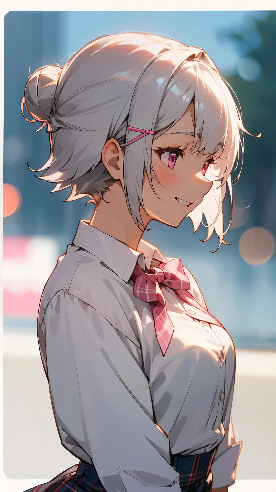 silver short hair and bob hair、I tied my hair in a bun with a hair clip..、Pink Eyes、white blouse shirt、Tartan Skirt、Grin、profile、Upper body close-up、Sharp contourorning Cafe Terrace、Background bokeh、Depth of written border