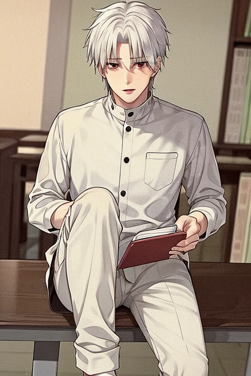 A young white haired handsome man with red eyes in a magic uniform is studying with his feet on a desk in the library