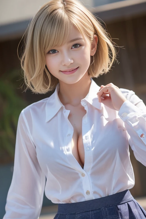 (((Please unbutton your shirt and look at your chest))),Curly Hair、((Blonde short bob cut))、(tits:1.2),15 year old high school girl、、((可Adorableセーラー服))、(8Kんin,highest quality),school classroom,student,class,((jk skirt)),blue Wet shirt, Wet shirt, Adorable, smile, Narrow side, Short, fine hair, 32Kin, T Masterpiece, Best image quality,Ultra-high resolution,Perfect hands,look up_in_A look at the audience,wet skin, Legs wide open, Leg spread, Look at the camera, Eye for details, Beautiful Eyes、