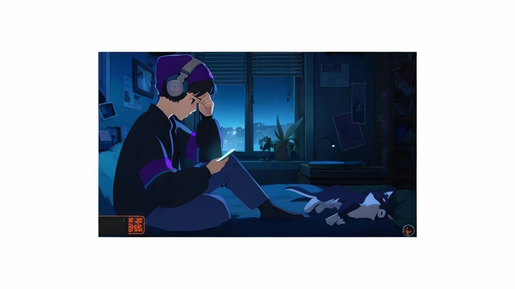 Anime girl sitting on the floor with mobile phone in hand, Lo-fi art style, Animated film stills, Reusch |, listening to music at 2 am, Animation illustration style, quiet night. digital illustration, Animation stills, Animated film stills, Atei Gailan Style, Android Jones and Ateigai Iran, britney lee