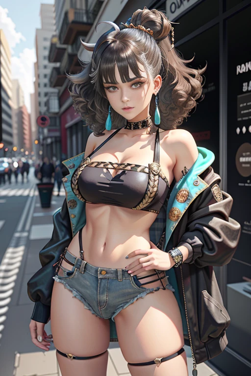 masterpiece, best quality, PIXIV, cool girl, lots of piercings, earrings, dark brown hair, curly hair, blunt bangs, straight bangs, gray eyes, pale skin, gal, gyaru