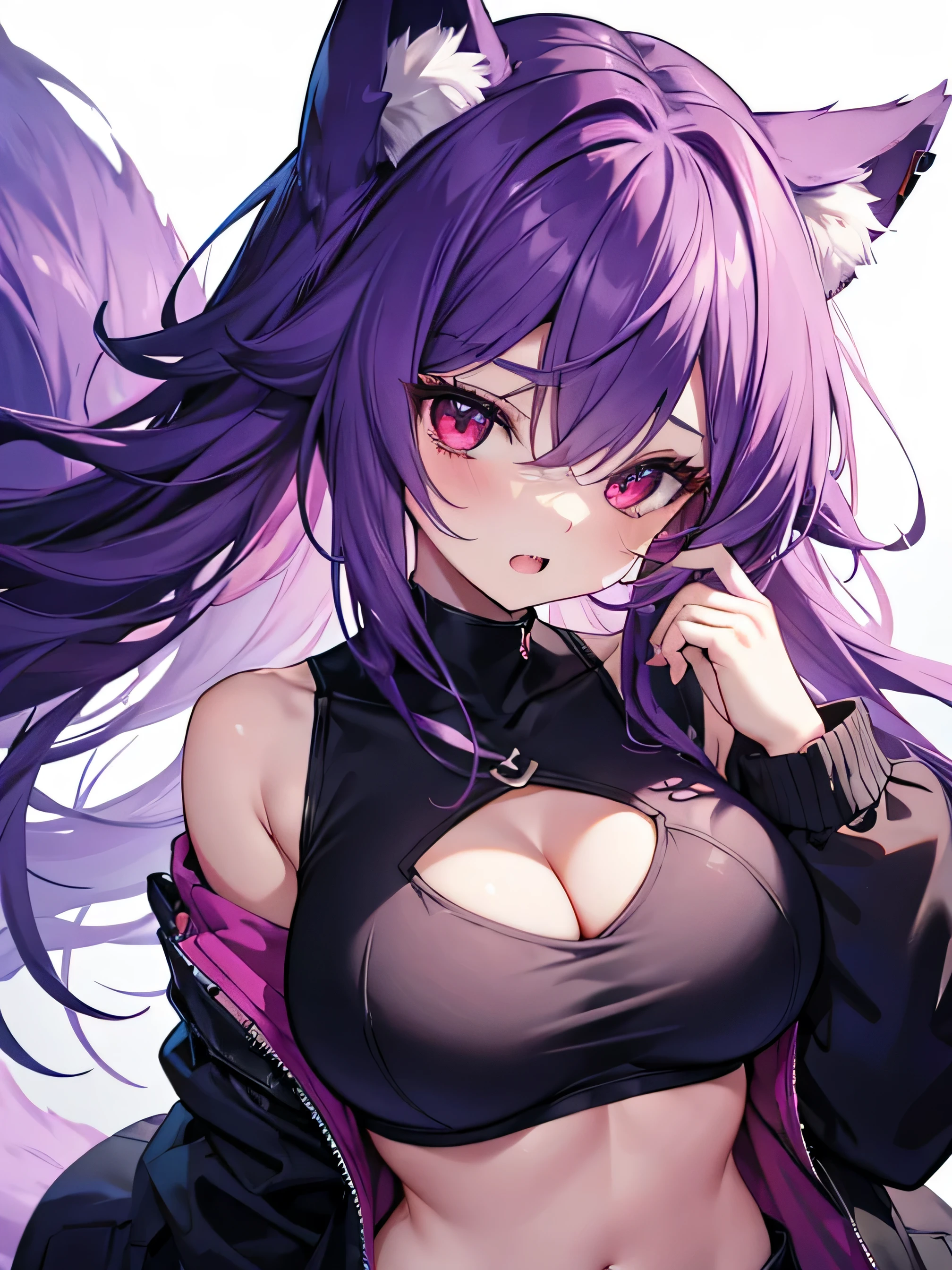 Fox Girl, Large Breasts, Voluminous purple hair, masterpiece , Red eyes, hd, Head to Chest, buried in my chest、Underboob、Double teeth、tooth、crop tops