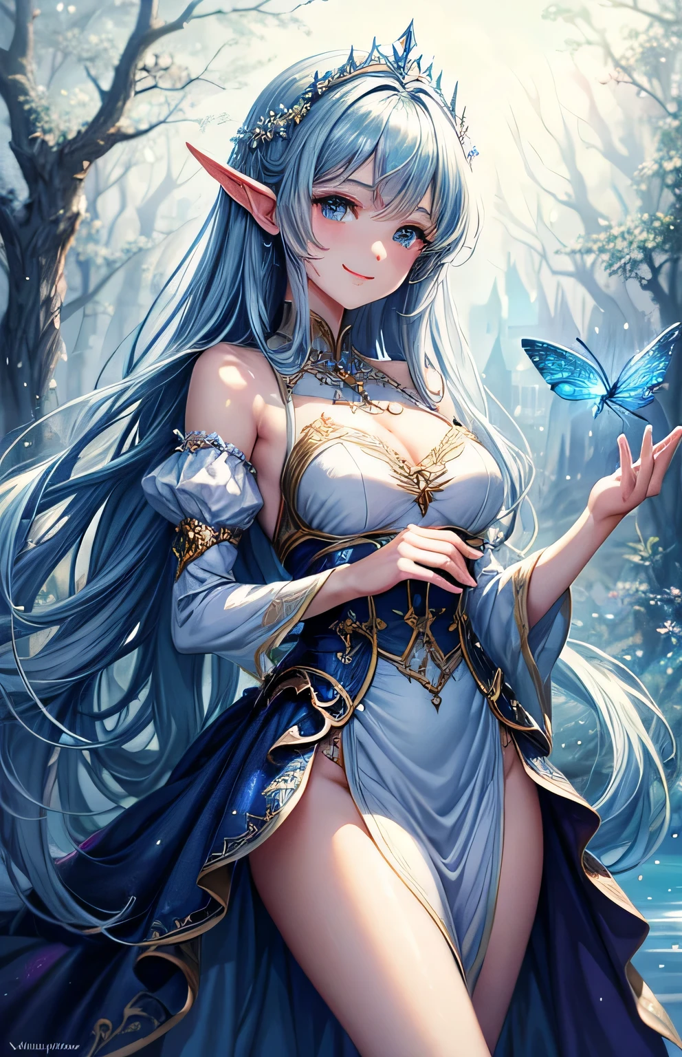 elf woman with white long hair and long leg sitting at the center of magical forest playing with glowing butterfly