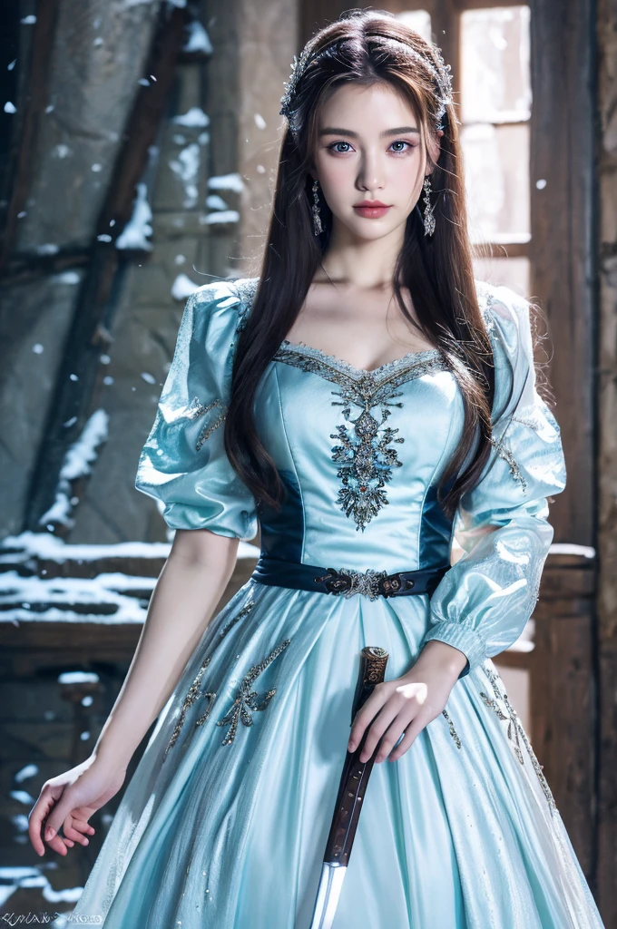 ( masterpiece, top quality, best quality,8k,17 years old girl,ultra detailed,raw photo:1.5),(photorealistic:1.4),(cinematic lighting), PerfectNwsjMajic, , Surrealism, UHD, ccurate, Super detail, textured skin, High detail, Best quality, dynamic angle, (high nose,White skin),[Beautiful blue eyes],[flat chest:large breasts:0.5],(1girl),(good anatomy:0.5)), of a woman in a dress with a sword, a beautiful fantasy empress, ((a beautiful fantasy empress)), beautiful fantasy maiden,snow