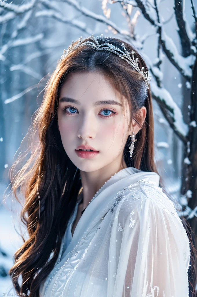 ( masterpiece, top quality, best quality,8k,17 years old girl,ultra detailed,raw photo:1.5),(photorealistic:1.4),(cinematic lighting), PerfectNwsjMajic, , Surrealism, UHD, ccurate, Super detail, textured skin, High detail, Best quality, dynamic angle, (high nose,White skin),[Beautiful blue eyes],[flat chest:large breasts:0.5],(1girl),(good anatomy:0.5)), of a woman in a dress with a sword, a beautiful fantasy empress, ((a beautiful fantasy empress)), beautiful fantasy maiden,snow