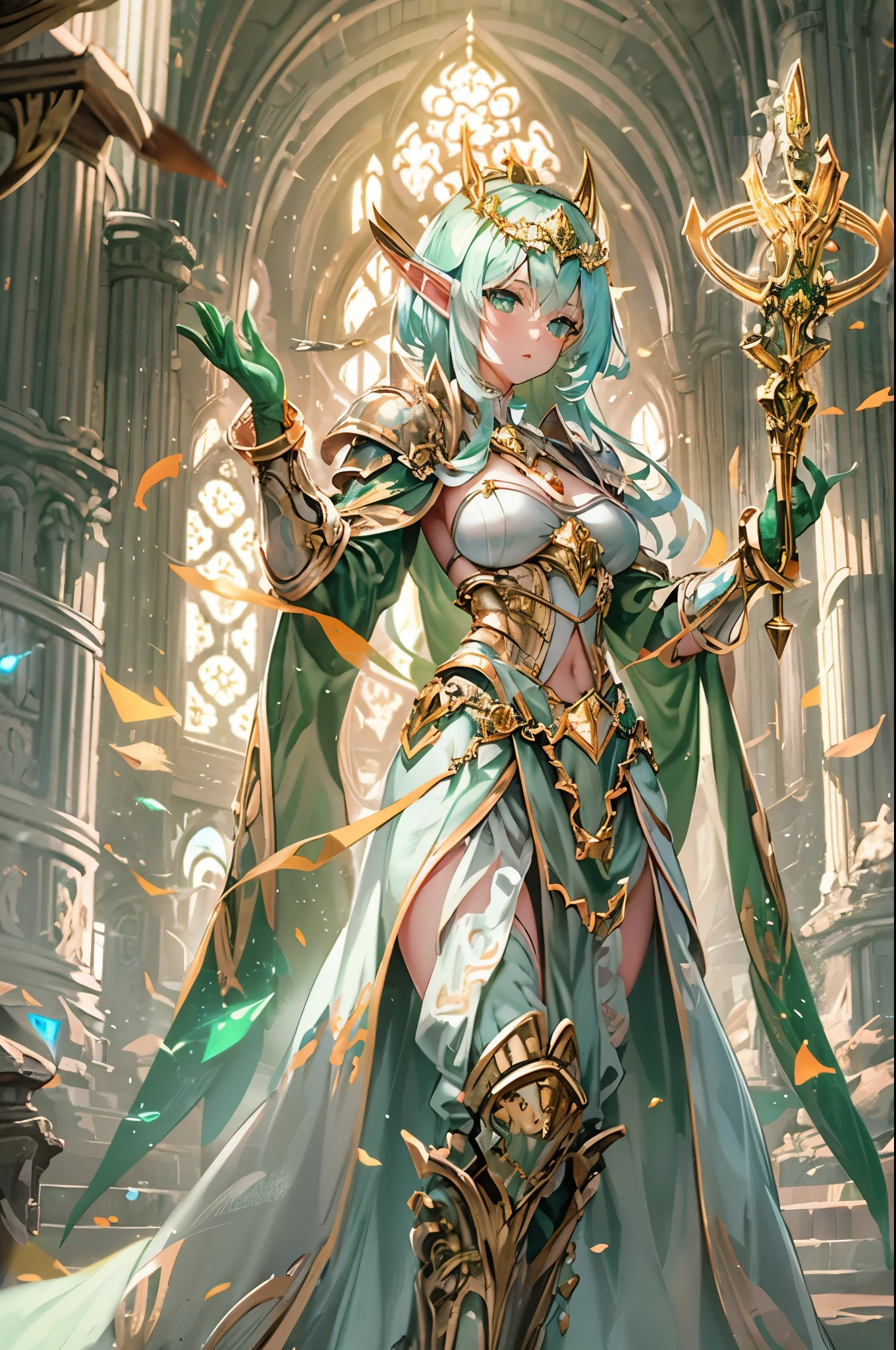 female elf royal paladin, fairy crest, golden and silver color armor with fairy icon and steel battle armor skirt, short design hand silver glove, golden color cape, golden belt, huge magic circle behind, pauldron in fairy style, silver color bracelet, multicolor golden and green color hair, empress aura, glowing green color pupil, masterpieces, solo, extreme pupil detail, fantasy mythic art, movie lighting, original character, holy glowing and windy effect, figure body shape, church background
