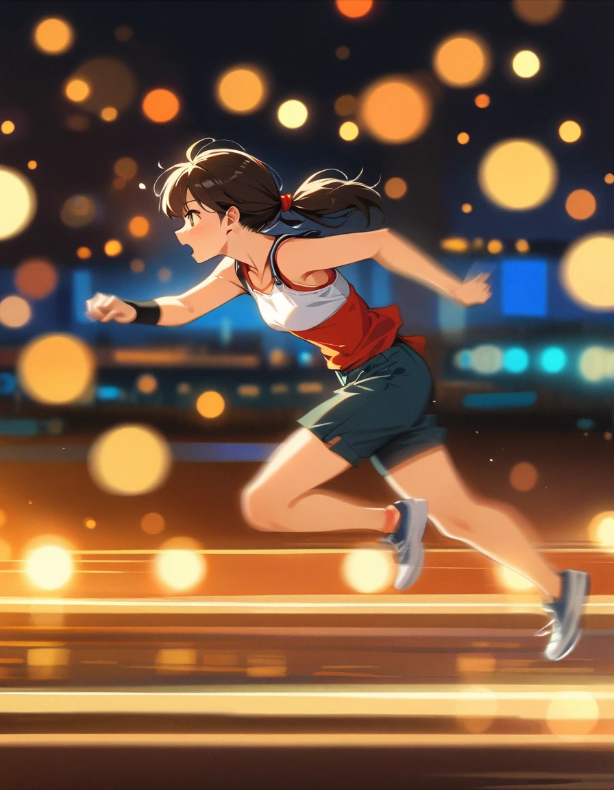 best quality，masterpiece，high resolution，1 girl，whole body，from side，Night running，bold composition，Motion Blur，detailed，Bokeh，(Motion blur:1.6)