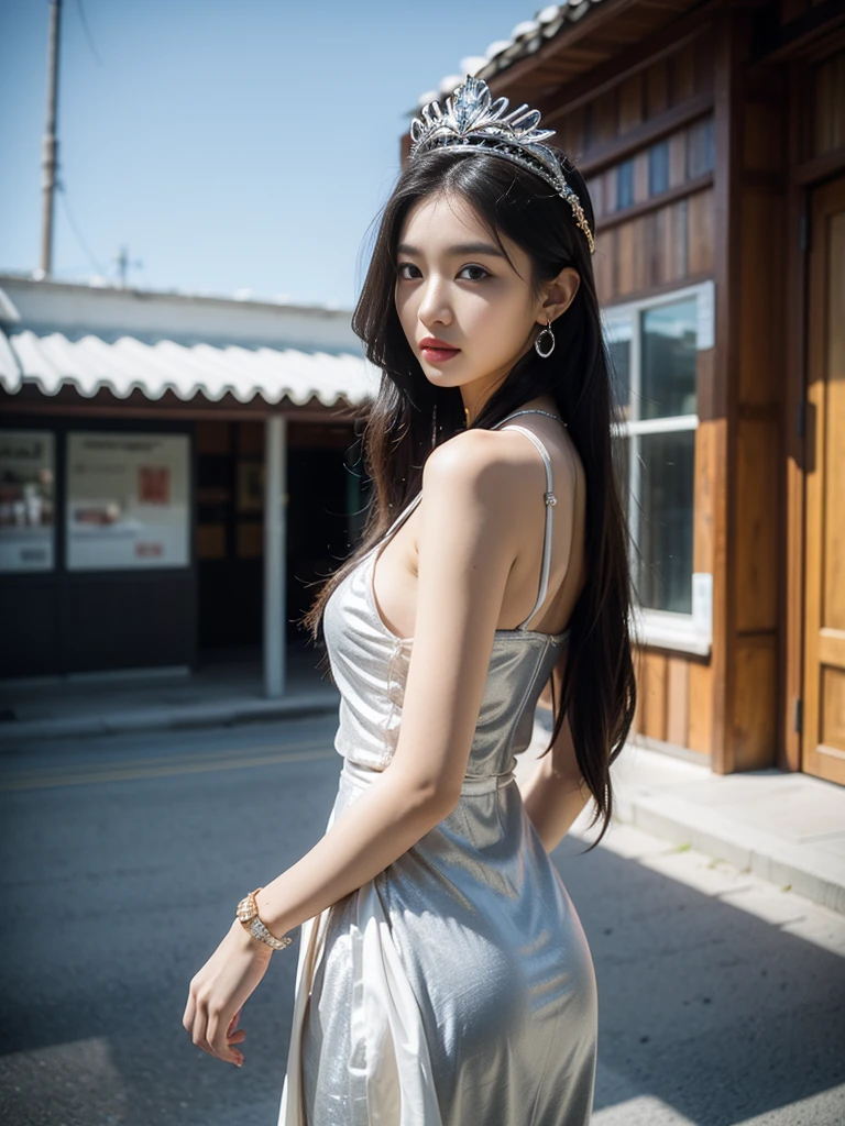 1girl,Leaning sideways,the upper half of the body leaning forward,above the buttocks,holding the hem of the skirt with both hands,looking at the camera,blurred background,braided double ponytail,depth of field,earrings,hat,Miao Silver Phoenix Crown,Miao costume,Black Miao costume,crescent headdress,complex jewelry,super complex metal headdress,silver metal headdress,jewelry,lips,long hair,watch audience,motion blur,necklace,street,architecture,photo (center),photo reality,solo,
