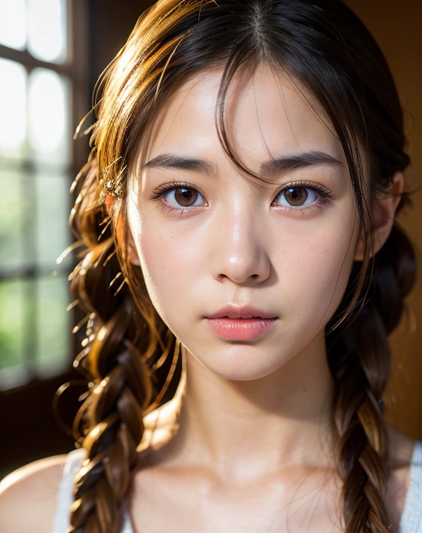highest quality, Face Focus, Soft Light, Ultra-high resolution, (Realistic:1.4), RAW Photos,
1 Japanese girl, alone, cute, (pupil, Light in your eyes),  Beautiful face in every detail, (),(High resolution detail of human skin texture),
(Long Hair),Braided Indoor,
Tank top,
(Portraiture)