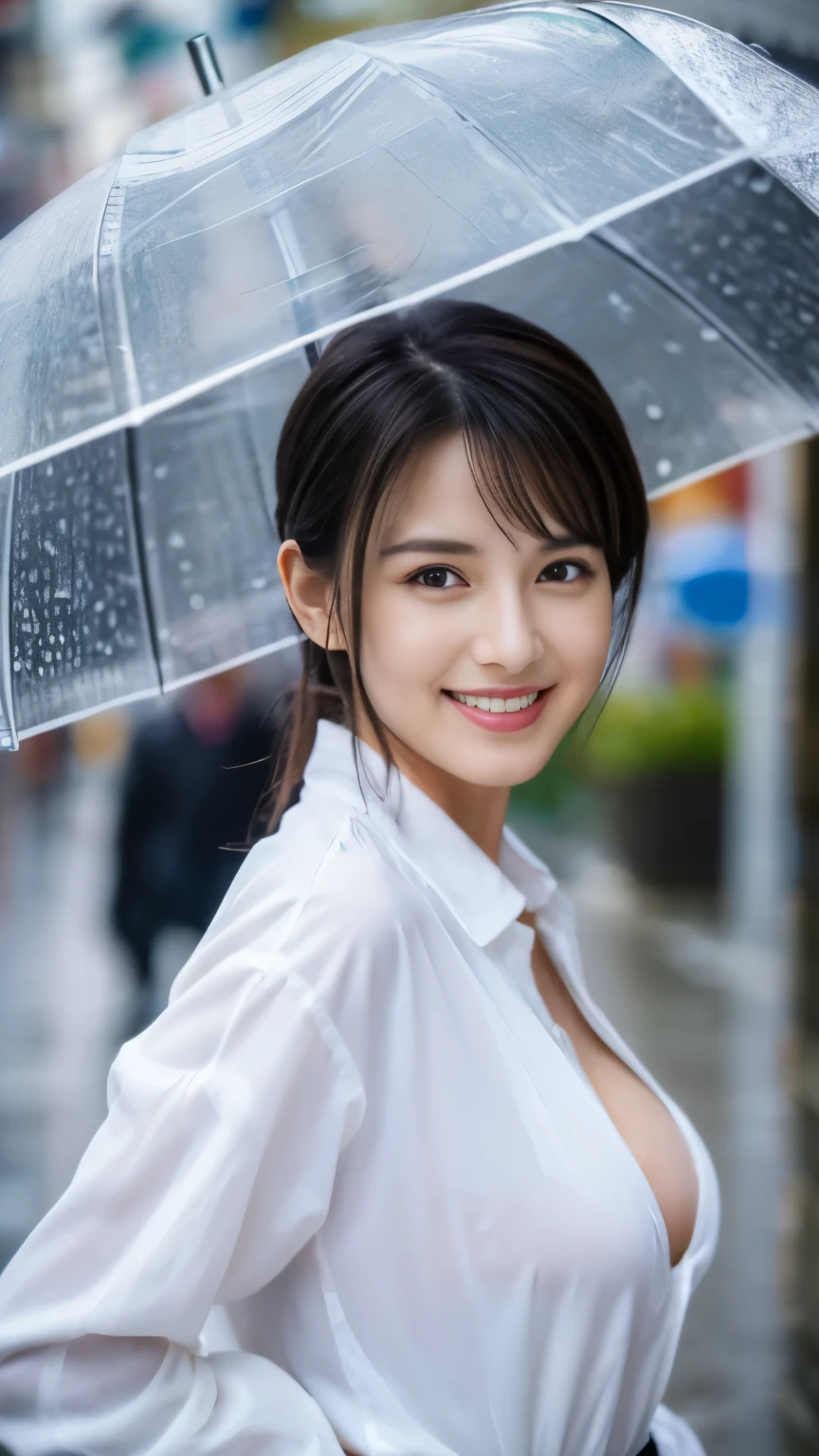 ((Top quality, 8K, Masterpiece: 1.3)), Concentration: 1.2, Perfect body beauty: 1.4, Butt: 1.2, ((Layered cut, Breasts: 1.2)), (Wet clothes: 1.1), ( Rain, street: 1.3), white blouse, blue culotte skirt: 1.1, highly detailed face and skin texture, fine eyes, double eyelids, fair skin, smile, Japanese beauty, perfect face, perfect body line, smile,