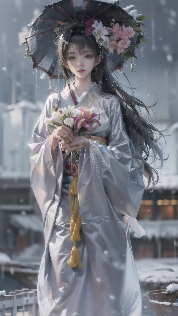 (Realistic:1.5, 16k, highest quality, masterpiece, Ultra-high resolution), (((heavy snow, From below))), Perfect dynamic composition:1.2, (In front of a shrine at night in a modern city, Expressions of sadness:0.9, Low angle shooting:0.9), Highly detailed skin and facial textures:1.2, Young woman getting wet in the rain:1.3, Fair skin:1.2, Sexy beauty:1.1, Incredibly slim body:1.2, beautifully、beautiful:1.1, Very beautiful face:1.2, Water droplets on the skin, (The rain drips down on my body:1.2, Wet body:1.2, Wet Hair:1.3), (Professional kimono dressing:0.7, Holding a bouquet of wet lilies:1.2, Wearing a wet silver kimono:1.3), (Shapely large breasts, Bra is sheer, Chest gap), (Big eyes that exude beautiful eroticism:0.8, Lips that exude beautiful eroticism:0.8), necklace, Earrings, bracelet, wedding ring, Highly detailed and accurate hand and finger representation