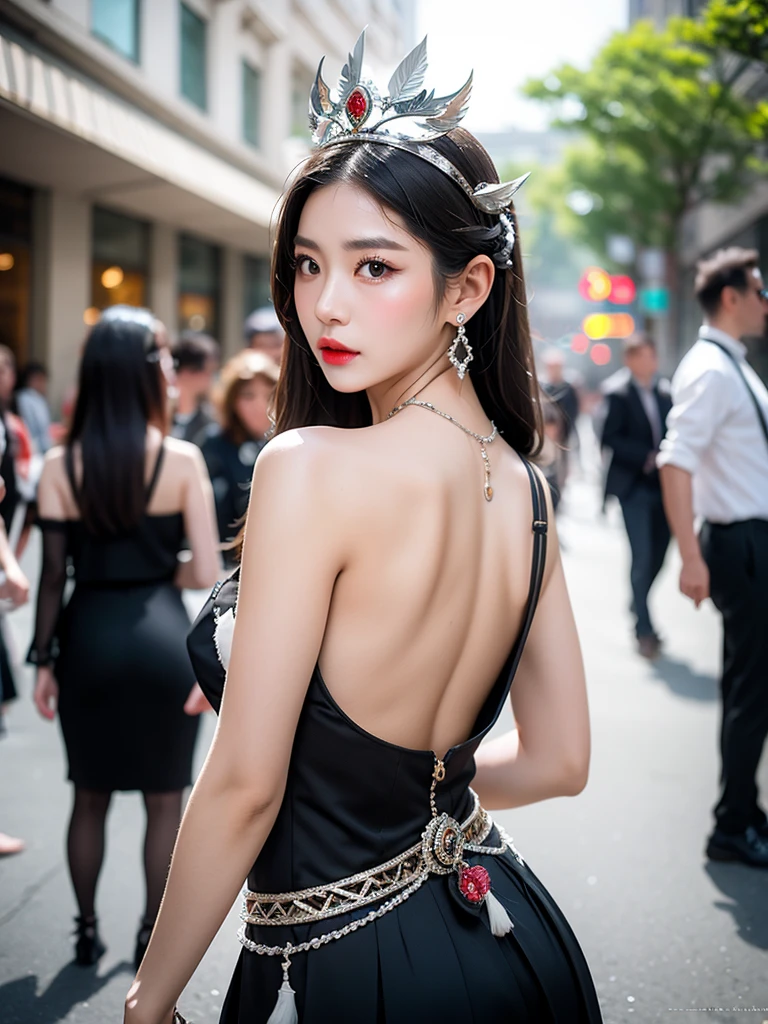 1girl,Leaning sideways,the upper half of the body leaning forward,above the buttocks,holding the hem of the skirt with both hands,looking at the camera,blurred background,braided double ponytail,depth of field,earrings,hat,Miao Silver Phoenix Crown,Miao costume,Black Miao costume,crescent headdress,complex jewelry,super complex metal headdress,silver metal headdress,jewelry,lips,long hair,watch audience,motion blur,necklace,street,architecture,photo (center),photo reality,solo,
