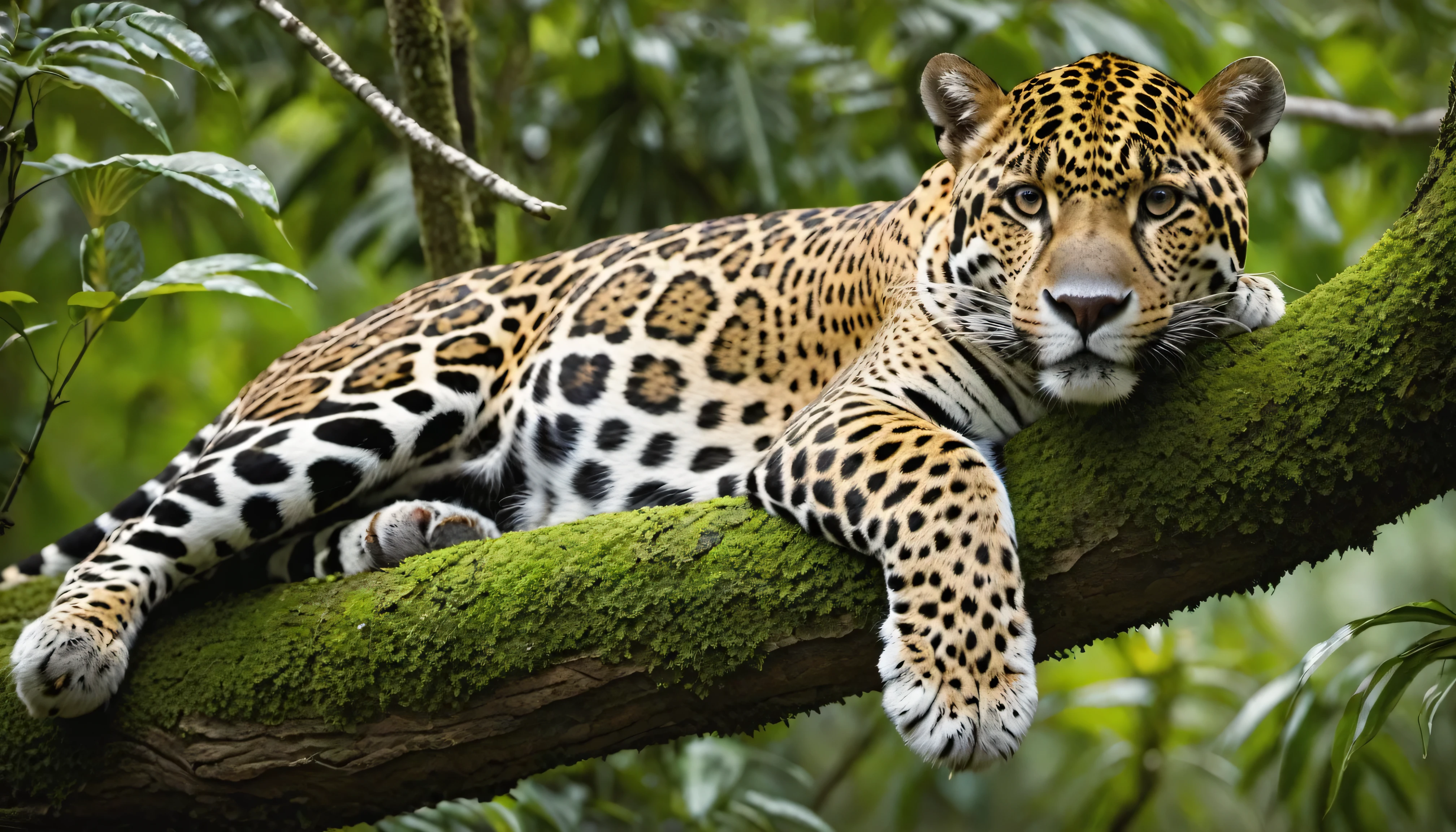 National Geographic Award-winning wildlife photo, aerial photograph of a jaguar lying on a tree branch, relaxed and resting | forest | full body view | highly detailed | high resolution | looking at the viewer with an intense gauze | predatory | hyper detailed eyes | sharp focus | natural light