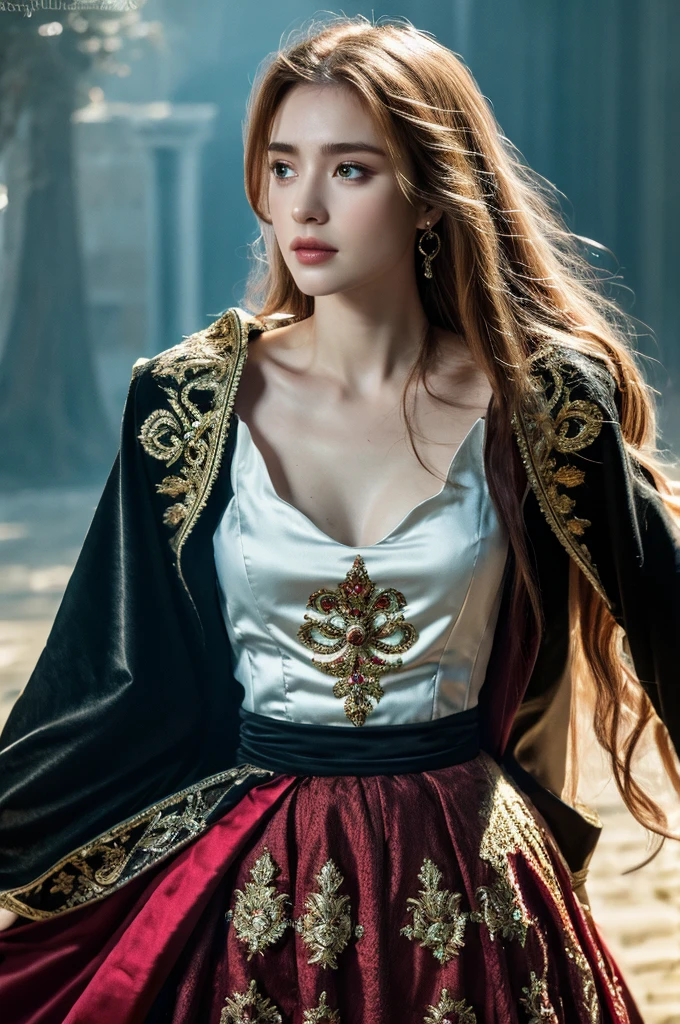 ( masterpiece, top quality, best quality,8k,17 years old girl,ultra detailed,raw photo:1.5),(photorealistic:1.4),(cinematic lighting), PerfectNwsjMajic, , Surrealism, UHD, ccurate, Super detail, textured skin, High detail, Best quality, dynamic angle, (high nose,White skin),[Beautiful blue eyes],[flat chest:large breasts:0.5],(1girl),(good anatomy:0.5)), of a woman in a dress with a sword, a beautiful fantasy empress, ((a beautiful fantasy empress)), beautiful fantasy maiden