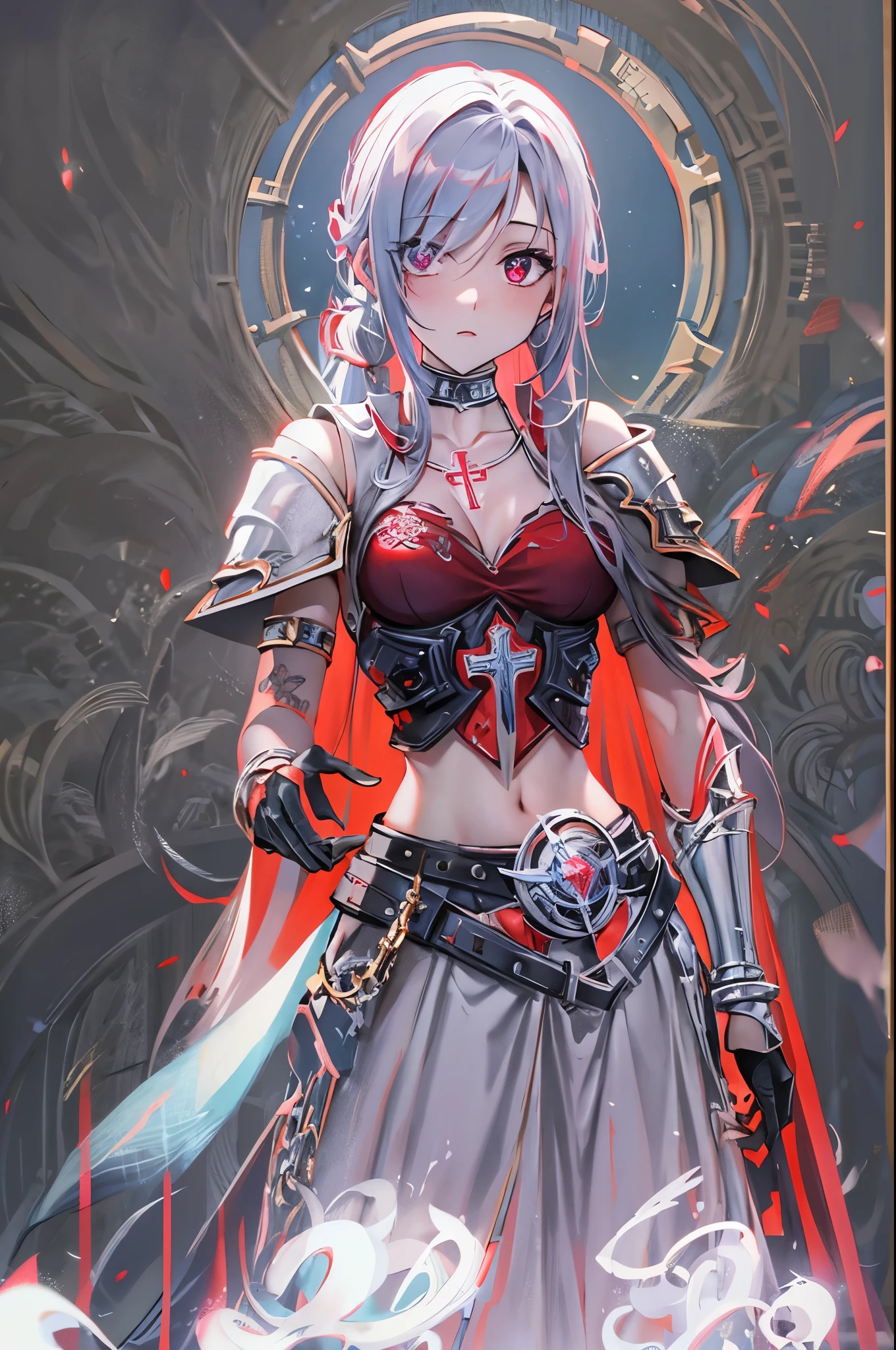 (Meisterwerk, top quality, Best quality, Offizielle Kunst, beautiful and aesthetic:1.2), (1 girl:1.3), ((sharp facial features, Scharfe Funktionen, Restriktive Merkmale)), ((Blaue Augen)), busty brunette paladin knight girl, extrem detailliert, portrait, Betrachter betrachten, Allein, (Full body:0.6), detailed Hintergrund, Full bodyaufnahme, (warmes Bergwiesenthema:1.1), heiliger Ritter, (nun), Scharlatan, Grinsen, geheimnisvoll, in den Bergen schwanken, armor, poliertes Metall, Goldbesatz, lange Stiefel, white colored fabric, Beckenvorhang, robe, helles Leder, ((((nun, greatsword, Corona, heilige Aura, heavy armor, armored, Lange Beine, Beckenvorhang, tinted, muscular)))), Schlanke Taille, slim hips, Lange Beine, mittelalterlich (Mountain outside:1.1) Hintergrund, dark geheimnisvoll lighting, Schatten, magical atmosphere, dutch angle