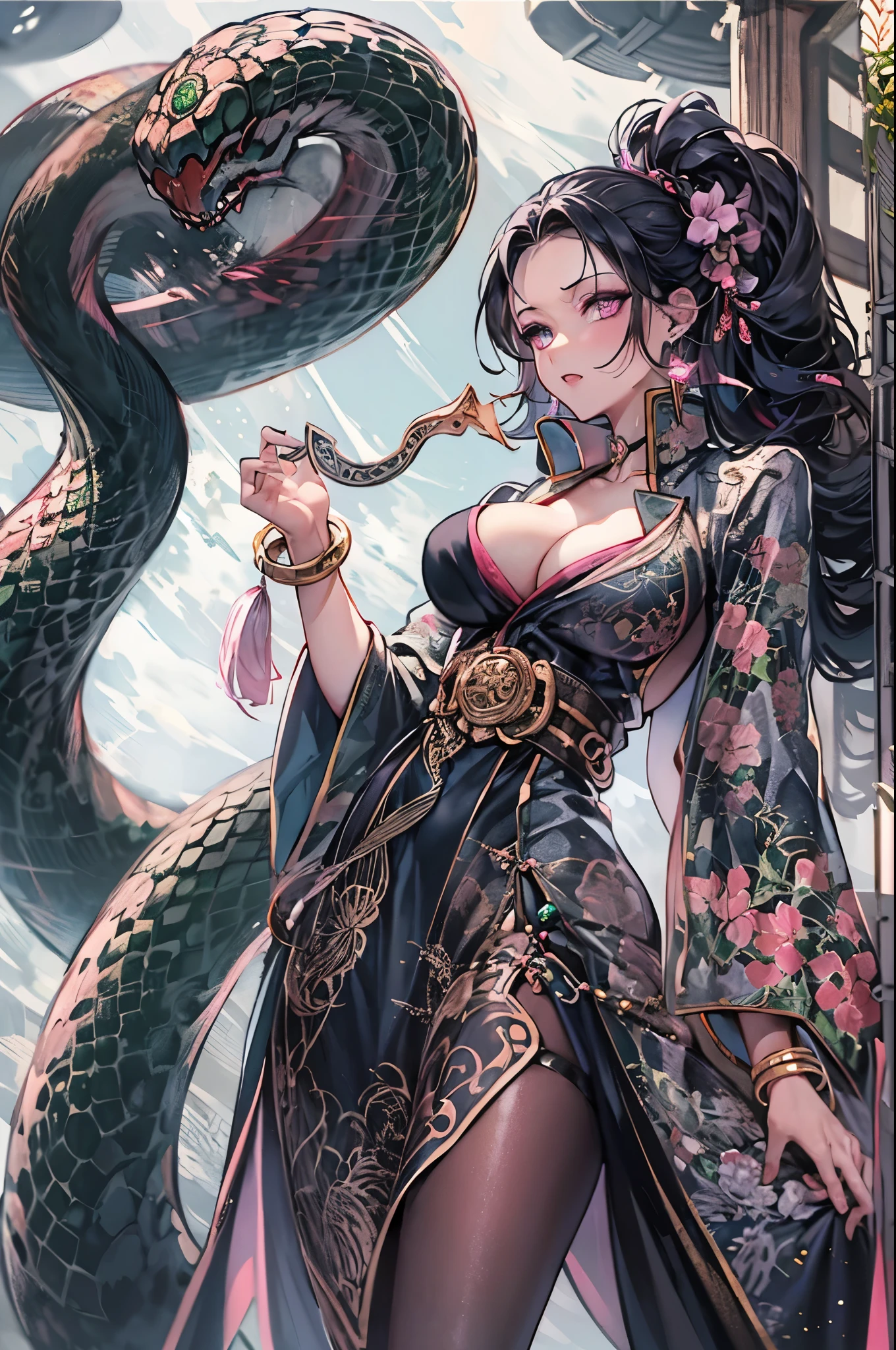 one piece snake empress boa hancock, purple and black color silk chinese dress outfit, snake shape earring, perfect body shape, long legs, masterpieces, empress aura, make up, surrounded by snake python, black long hair, black bright pupil, pink love shape bubble effect, big breast, high heels, solo, 4k wallpaper quality
