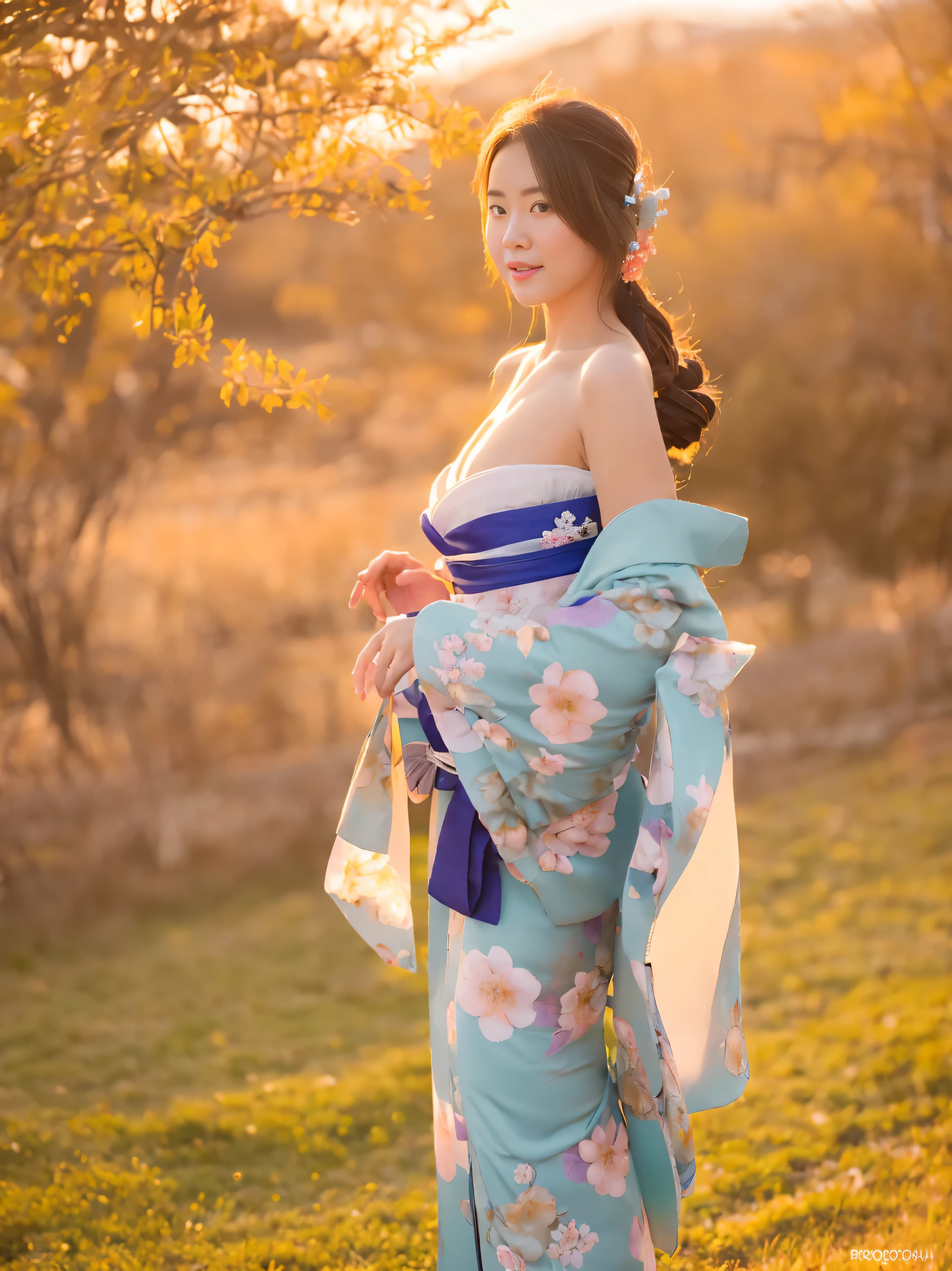 ((Half body Portrait of Beautiful Young Japanese Woman )),((( Wear a sexy kimono)))((One shoulder open)) ((Soft curve)) (( Traditional kimono outfit)), High-class Lady,( Meiji Fashion Style),(( Vintage Color Photo)),((Outdoor photography in a beautiful meadow)) (( In the background is Mount Fuji with snow covering the top.)), ((Good weather and Bright clear sky above)), Soft shadows Super-Resolution, Megapixel, ProPhoto RGB, VR, Spotlight, Frontlight, Halfrear Lighting, Backlight, Rim Lights, Rim Lighting, Artificial Lighting, Natural Lighting, Incandescent,The images are very realistic.,documentary photography, Photos for advertising,fashion for travel,Japan