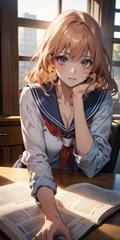 Blue-orange curls are curved inward,,There is a strong sense of freshness and freshness,girl with,((serafuku)), hands on one's face, Elbows on the desk, Sit up, Classroom, sunlights, window, see the beholder, Face in Love, I can see the cleavage:1.2, The finest beige underwear, Best Quality,Ultra-detailed, High resolution, extremely details CG, Unity 8k wallpaper, Caustics, textile shading, super detailed skin, Perfect Anatomy, Detailed, Cinematic lighting, Dynamic lighting, Beautiful detailed eyes, (top-quality), (ultra-detailliert), (masuter piece), (hight resolution), (Original), Character Design, Game CG, Detailed Manga Illustration, Realistic head-to-body size ratio:1.2